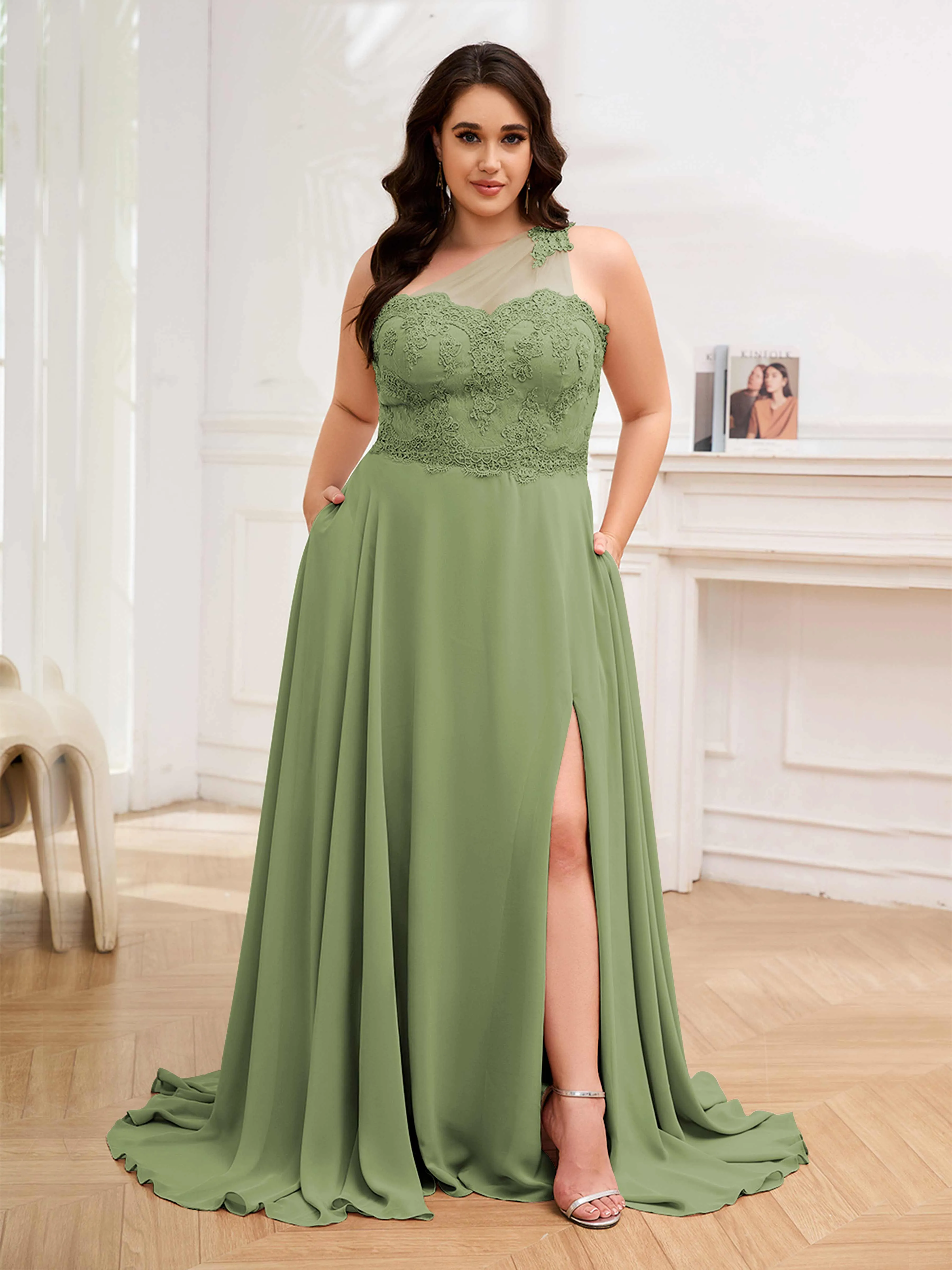 Imani Graceful One Shoulder Slit Long Chiffon Plus Size Bridesmaid Dresses