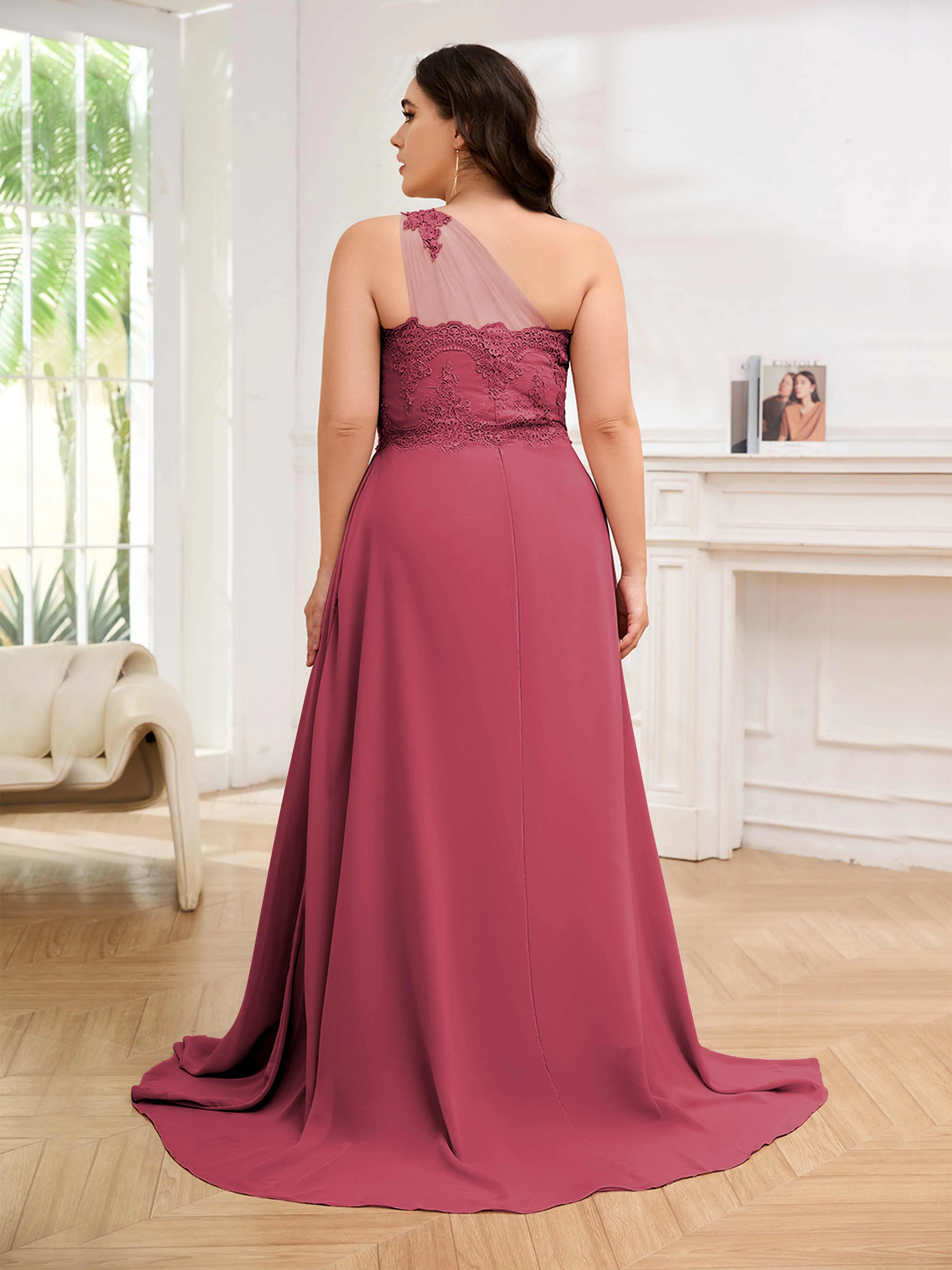Imani Graceful One Shoulder Slit Long Chiffon Plus Size Bridesmaid Dresses