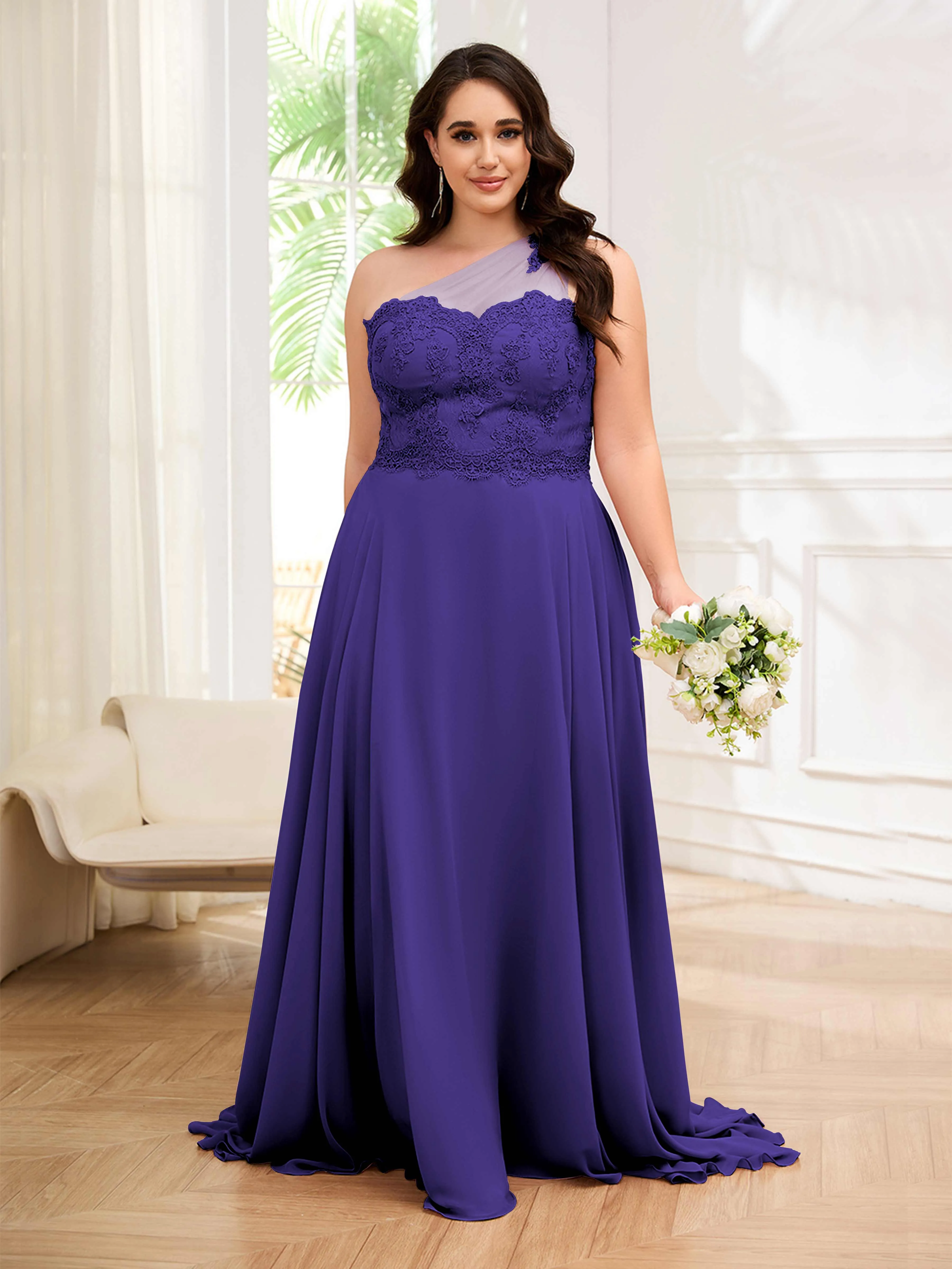 Imani Graceful One Shoulder Slit Long Chiffon Plus Size Bridesmaid Dresses