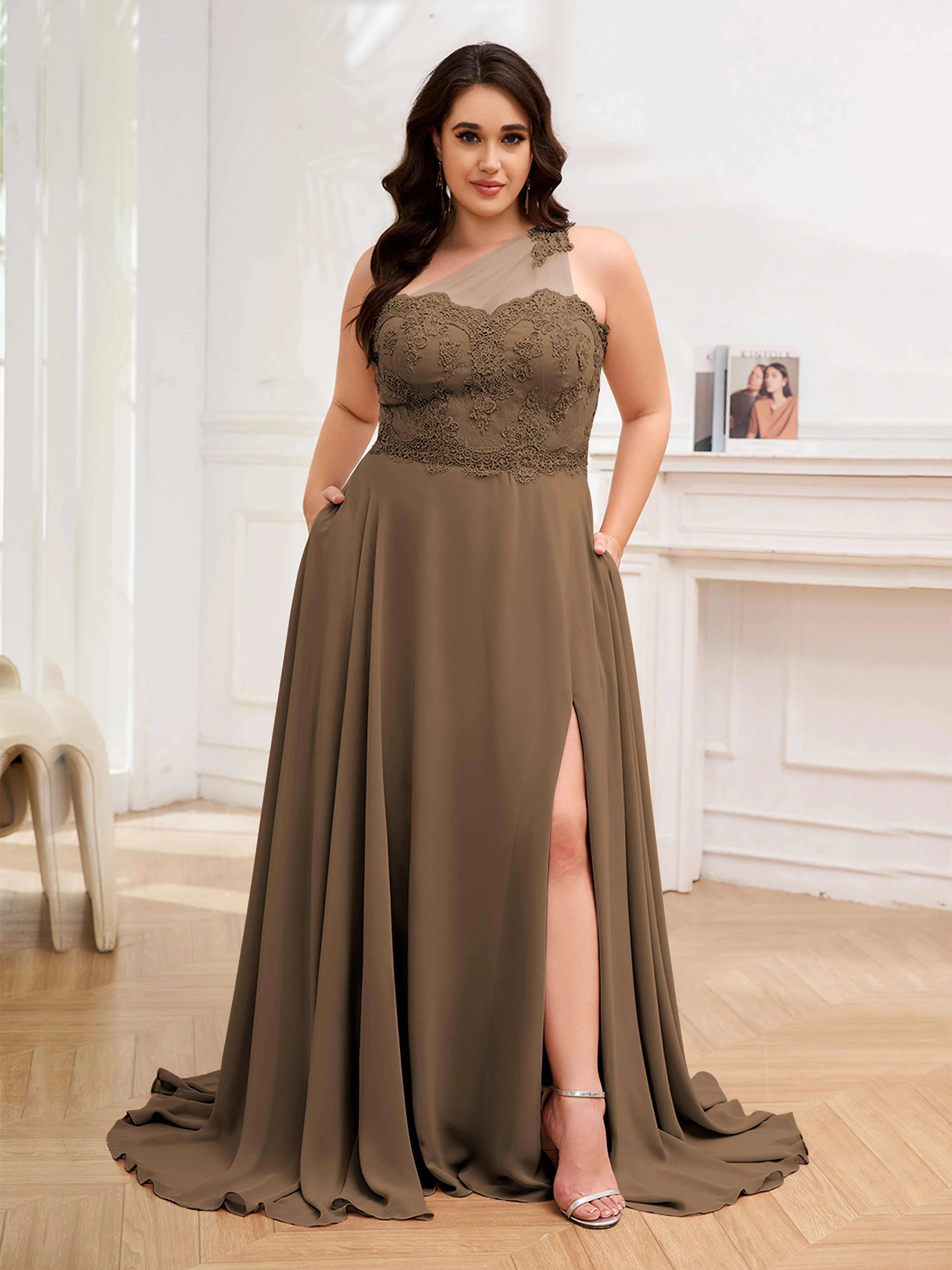 Imani Graceful One Shoulder Slit Long Chiffon Plus Size Bridesmaid Dresses