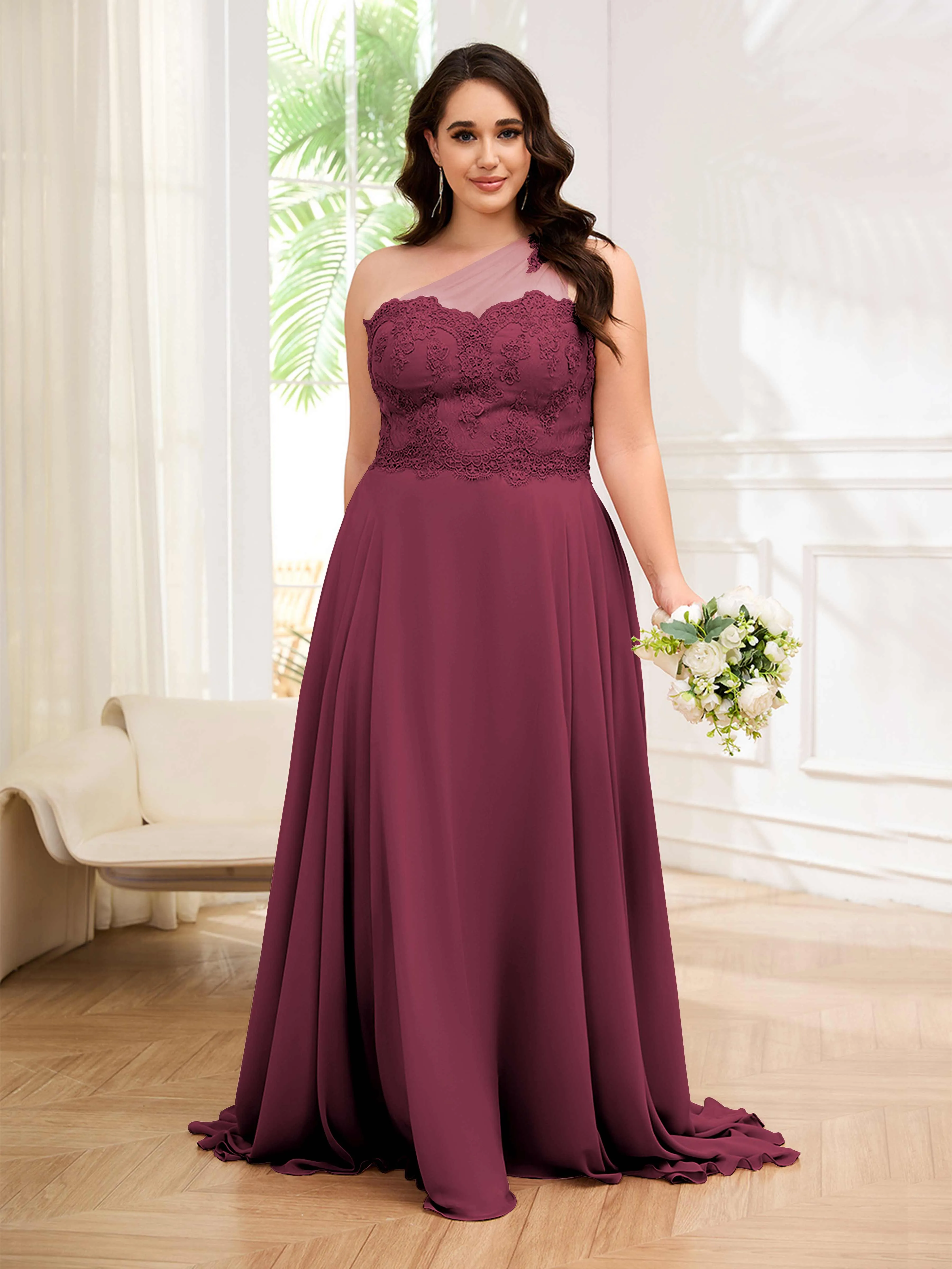 Imani Graceful One Shoulder Slit Long Chiffon Plus Size Bridesmaid Dresses