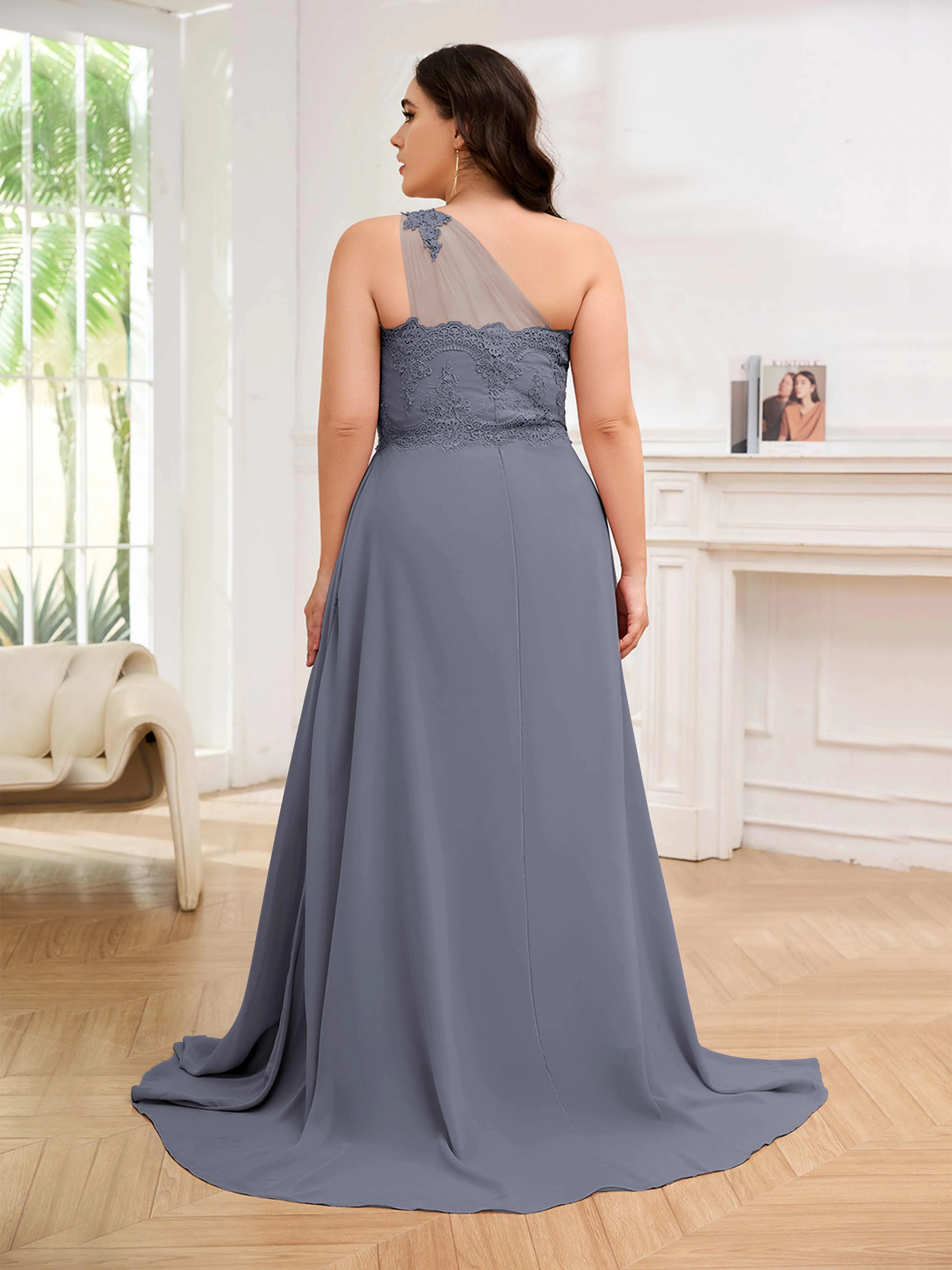 Imani Graceful One Shoulder Slit Long Chiffon Plus Size Bridesmaid Dresses