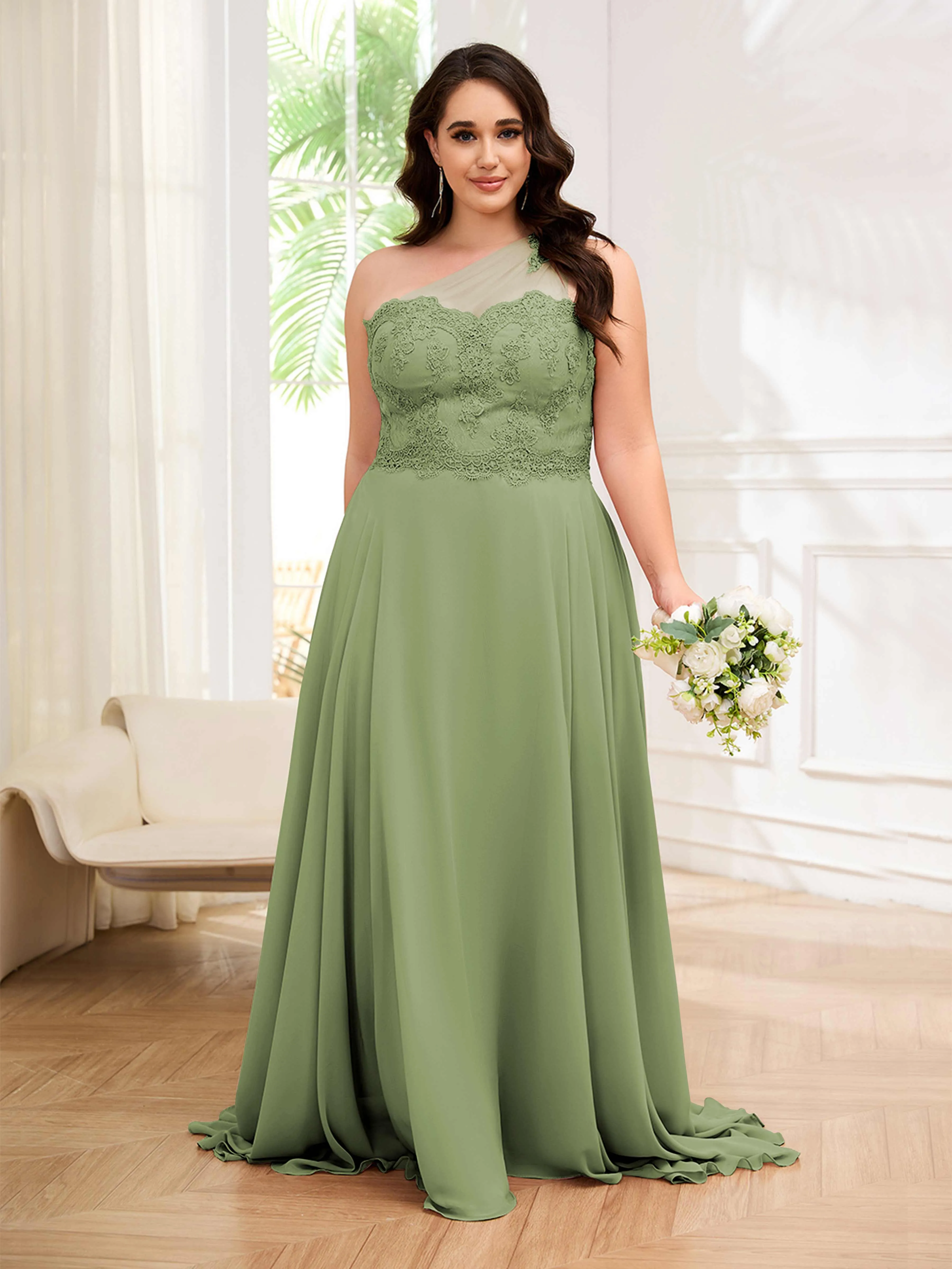 Imani Graceful One Shoulder Slit Long Chiffon Plus Size Bridesmaid Dresses