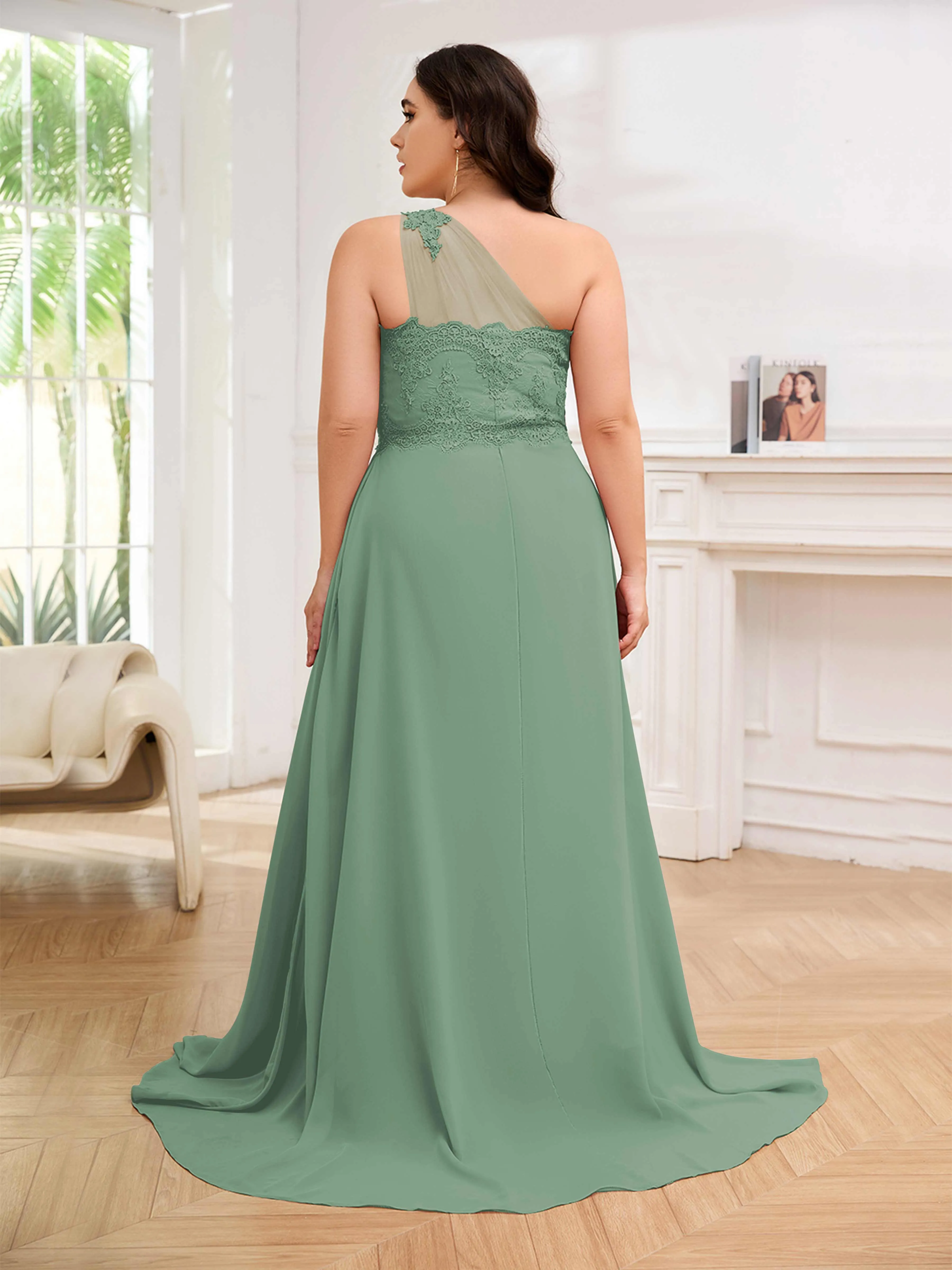 Imani Graceful One Shoulder Slit Long Chiffon Plus Size Bridesmaid Dresses