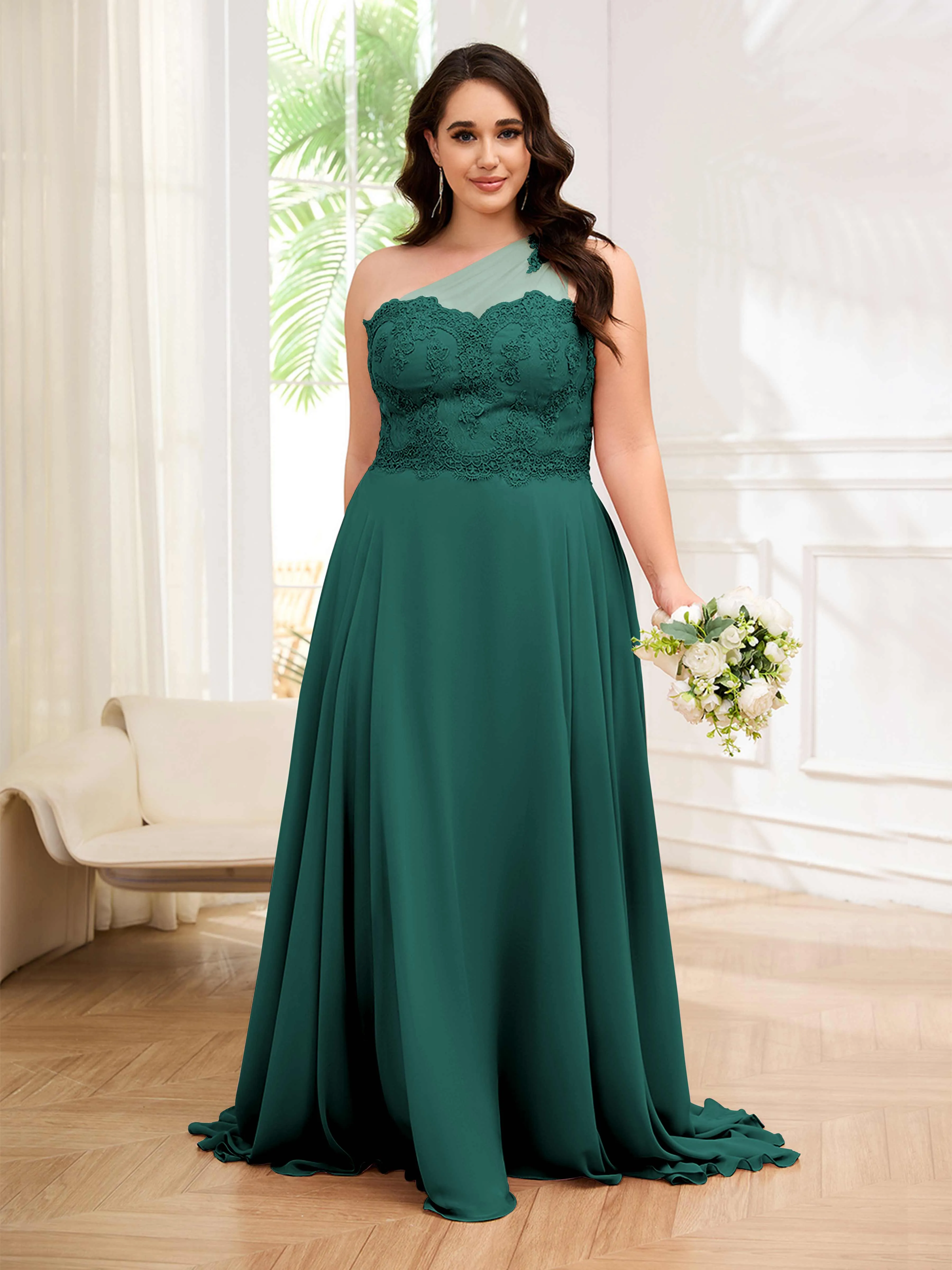 Imani Graceful One Shoulder Slit Long Chiffon Plus Size Bridesmaid Dresses