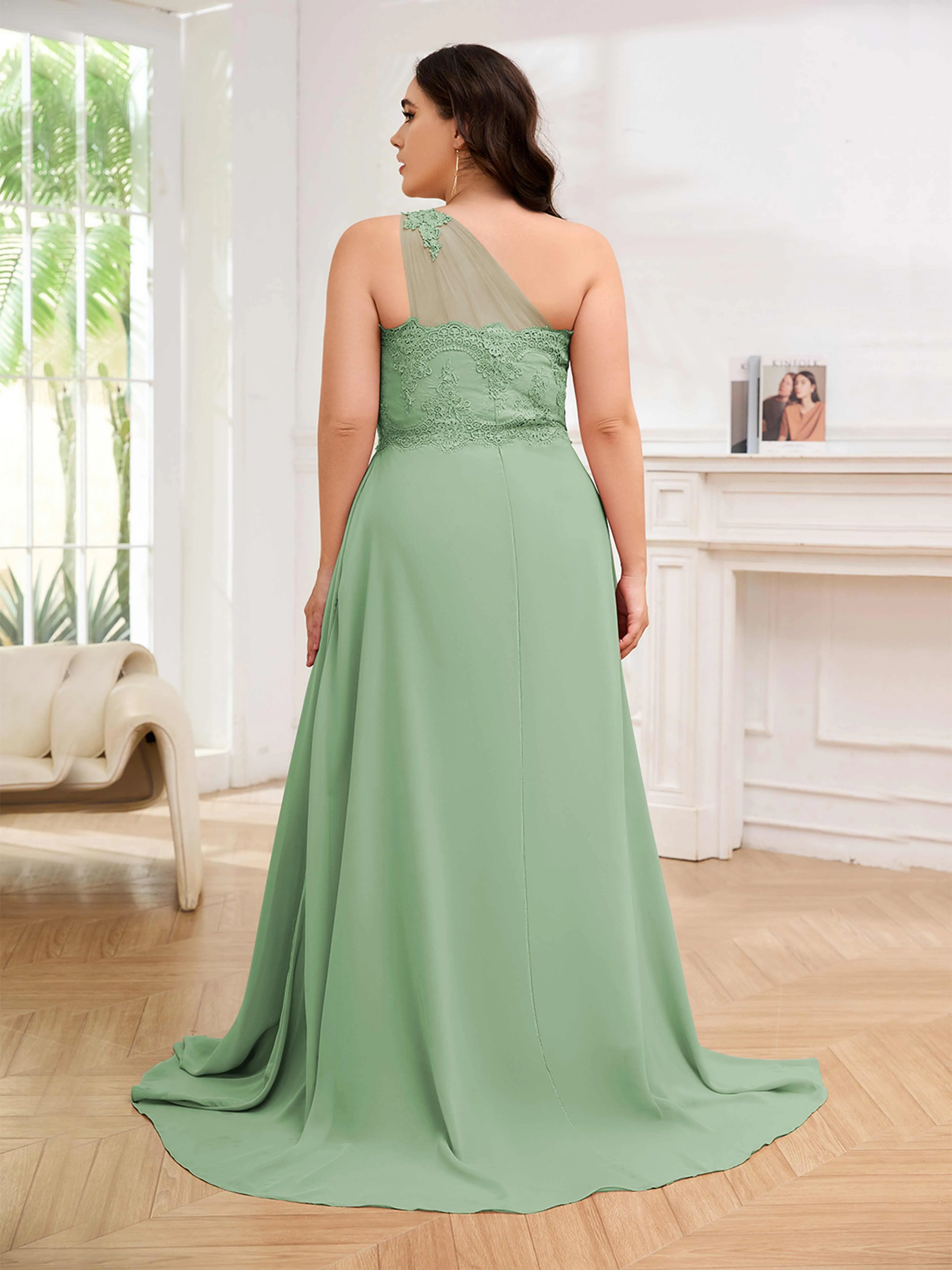 Imani Graceful One Shoulder Slit Long Chiffon Plus Size Bridesmaid Dresses