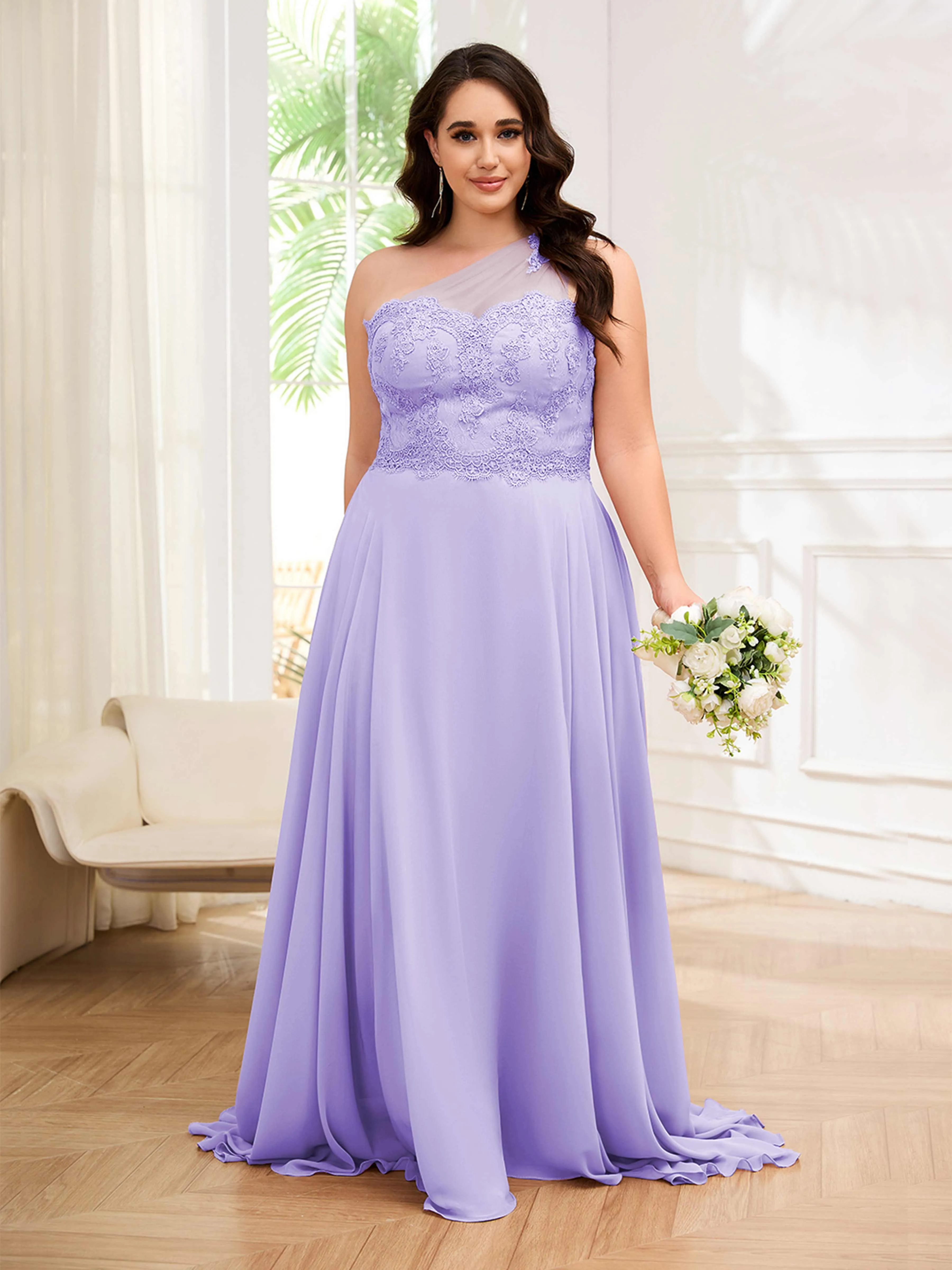 Imani Graceful One Shoulder Slit Long Chiffon Plus Size Bridesmaid Dresses