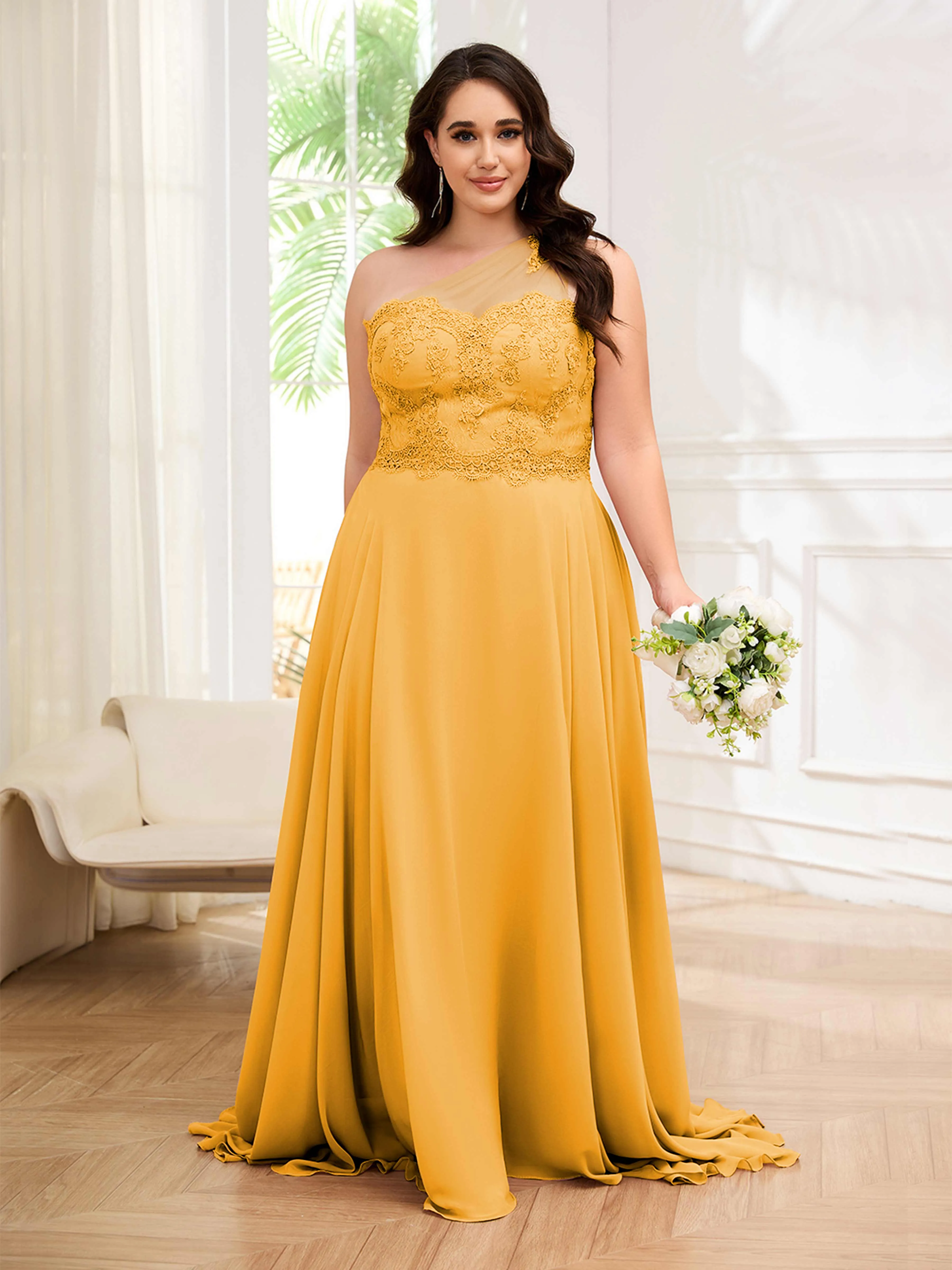 Imani Graceful One Shoulder Slit Long Chiffon Plus Size Bridesmaid Dresses