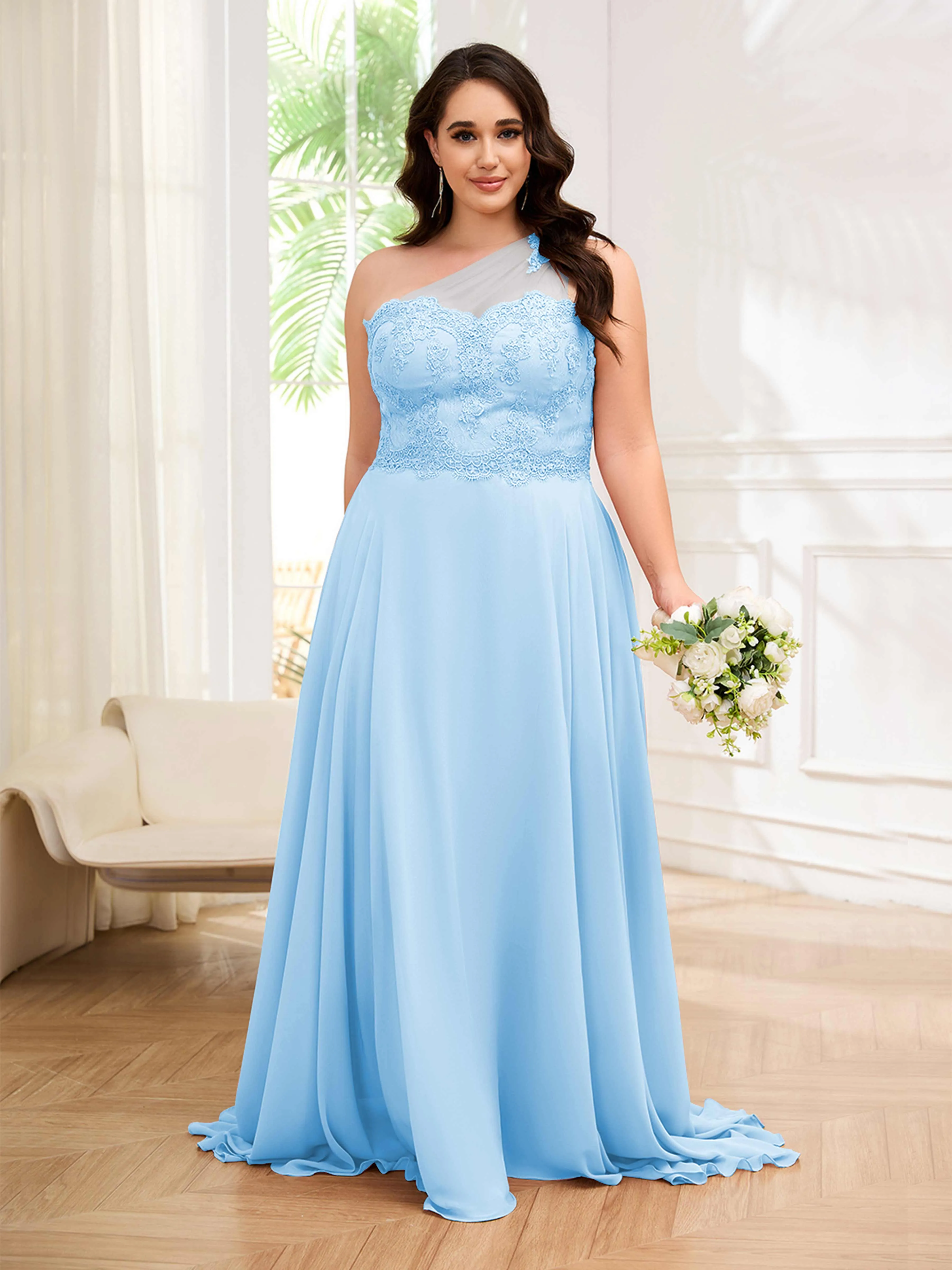 Imani Graceful One Shoulder Slit Long Chiffon Plus Size Bridesmaid Dresses