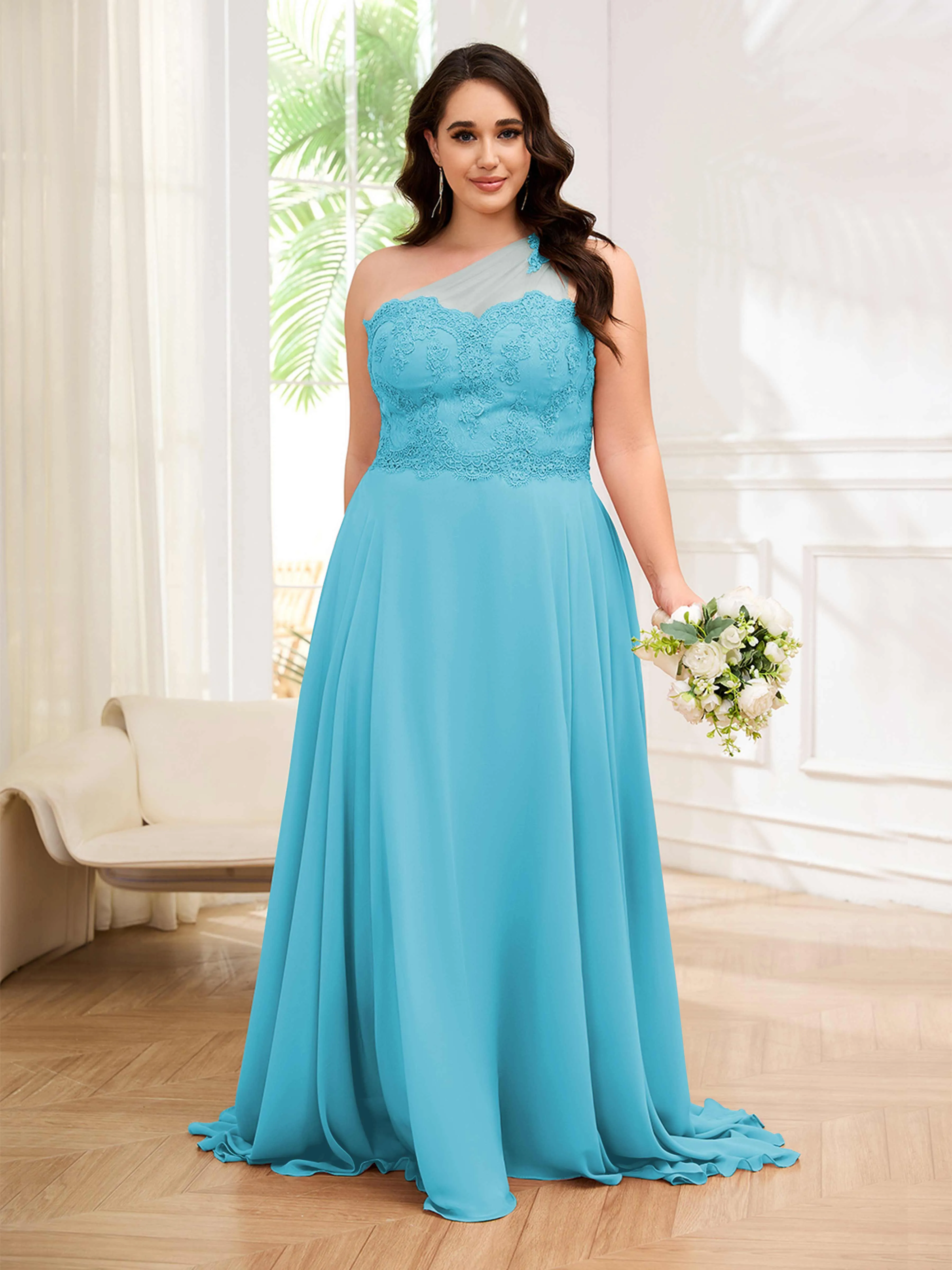 Imani Graceful One Shoulder Slit Long Chiffon Plus Size Bridesmaid Dresses
