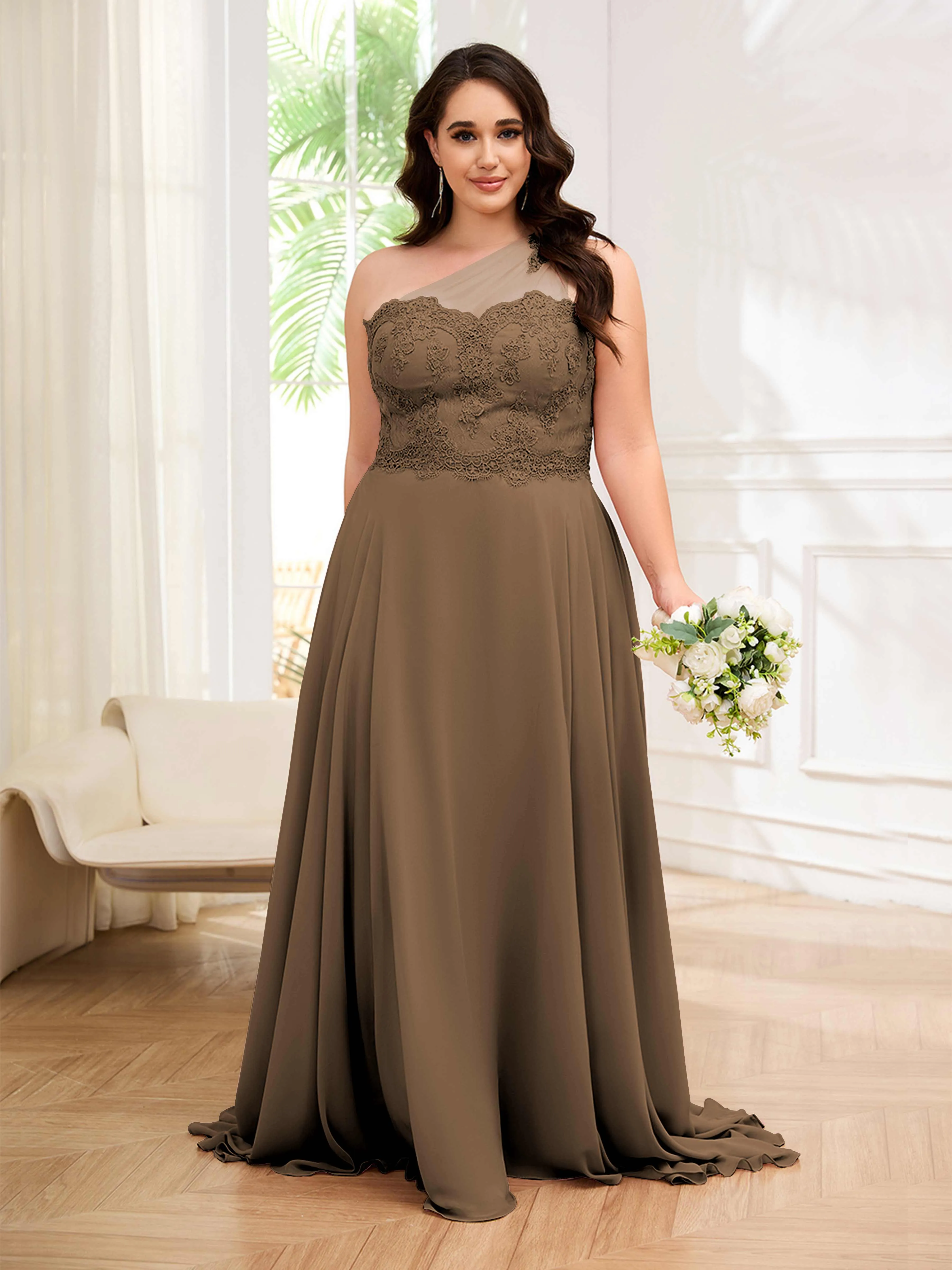 Imani Graceful One Shoulder Slit Long Chiffon Plus Size Bridesmaid Dresses