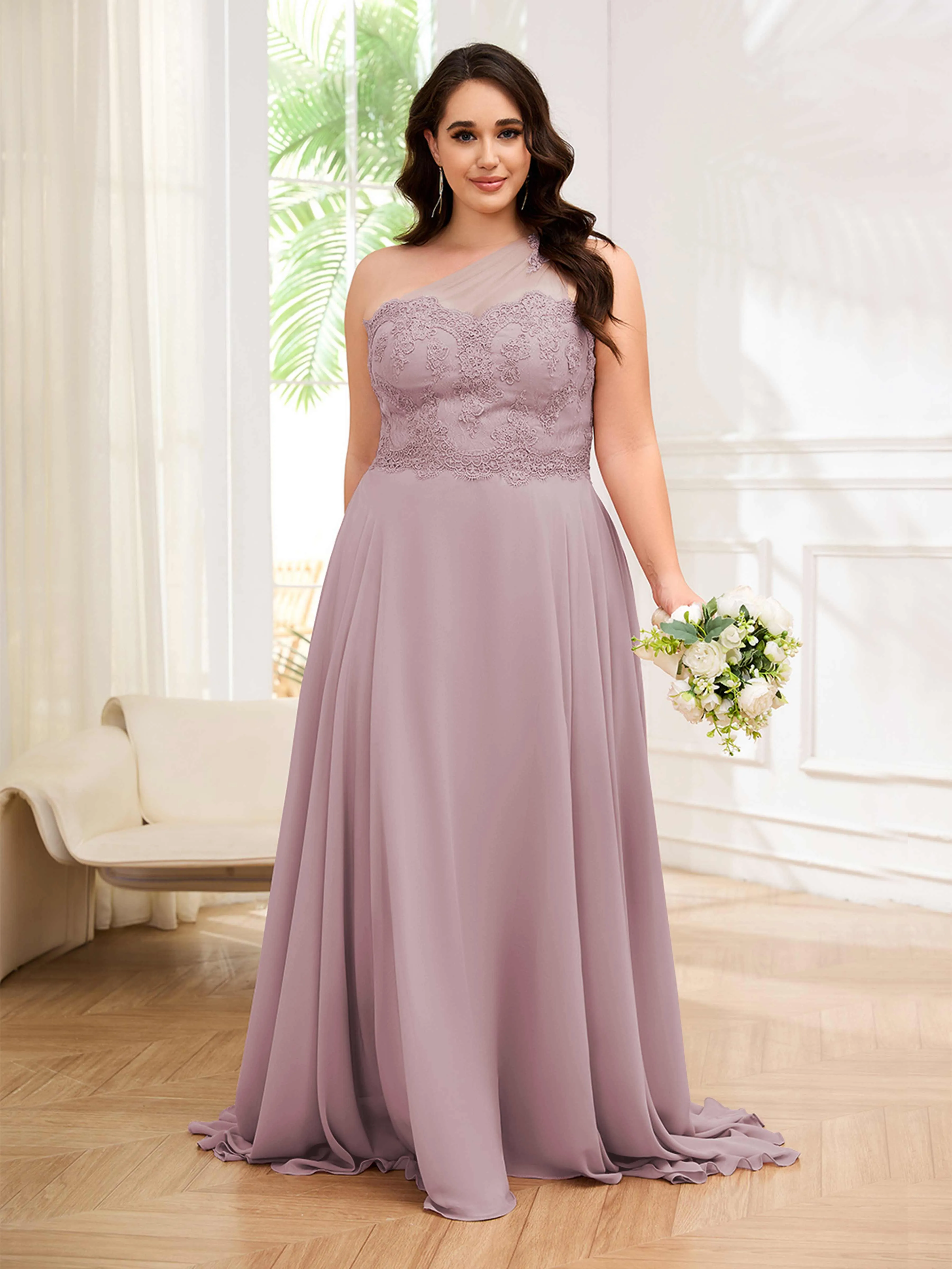 Imani Graceful One Shoulder Slit Long Chiffon Plus Size Bridesmaid Dresses