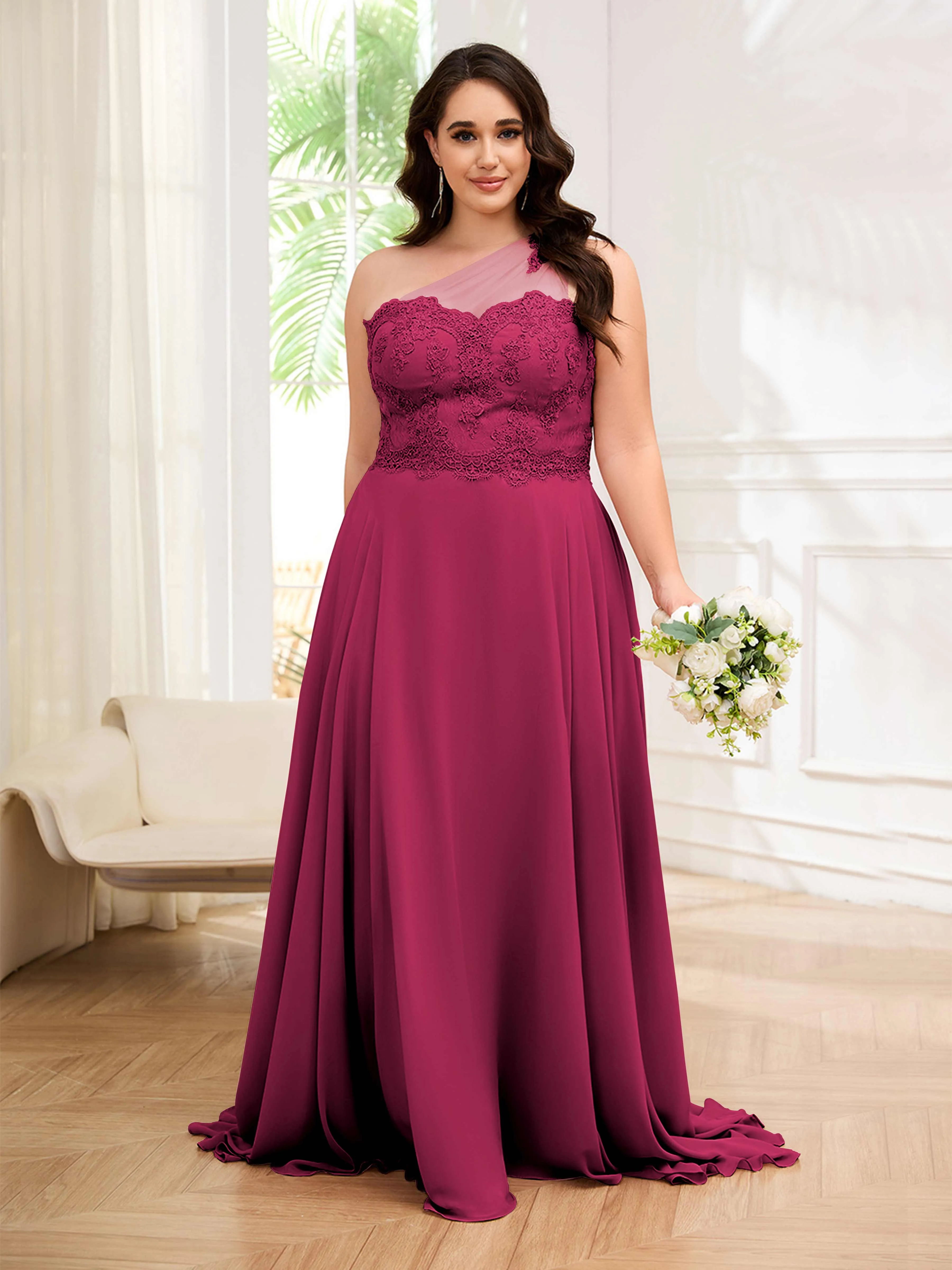 Imani Graceful One Shoulder Slit Long Chiffon Plus Size Bridesmaid Dresses