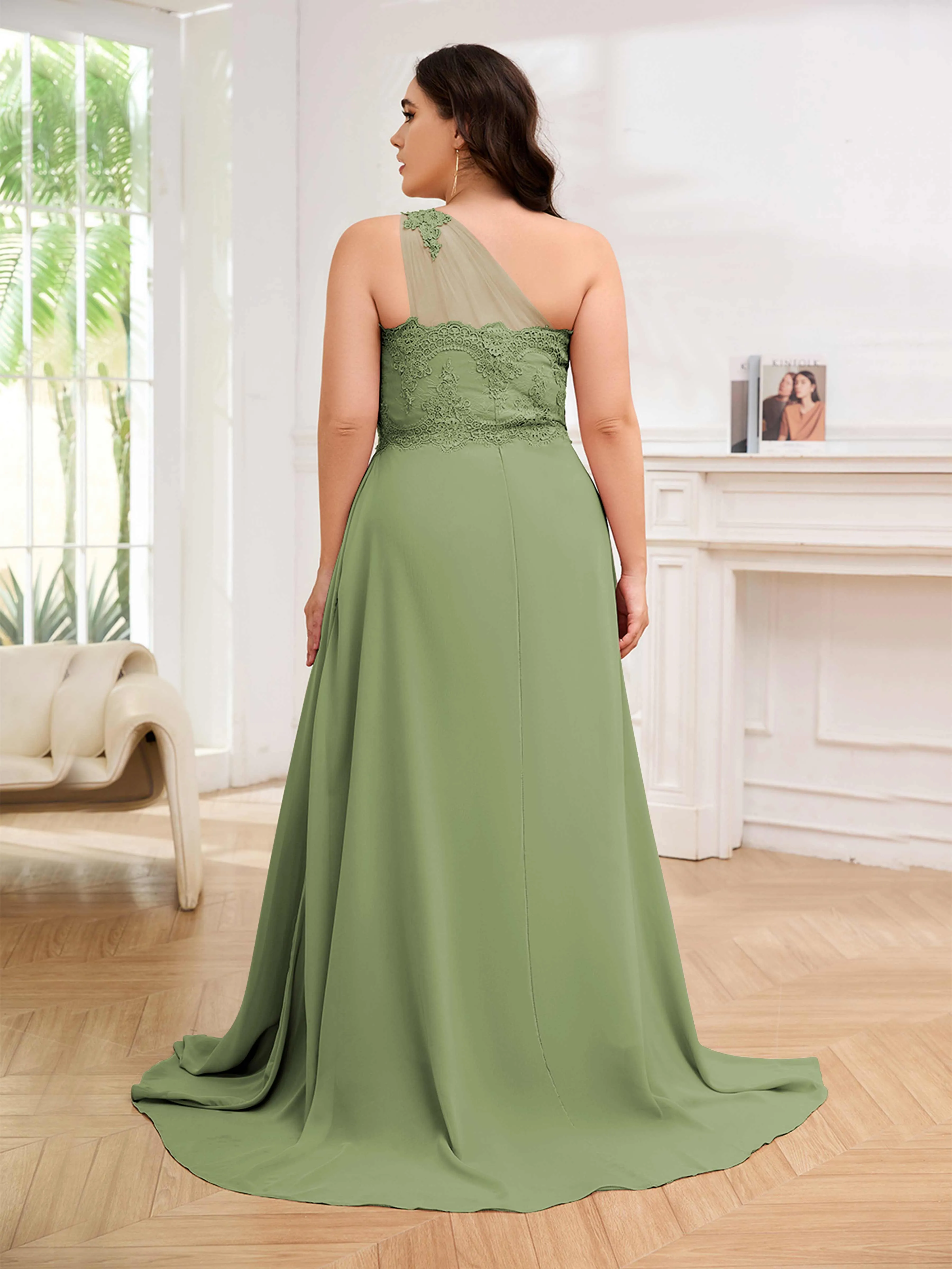 Imani Graceful One Shoulder Slit Long Chiffon Plus Size Bridesmaid Dresses