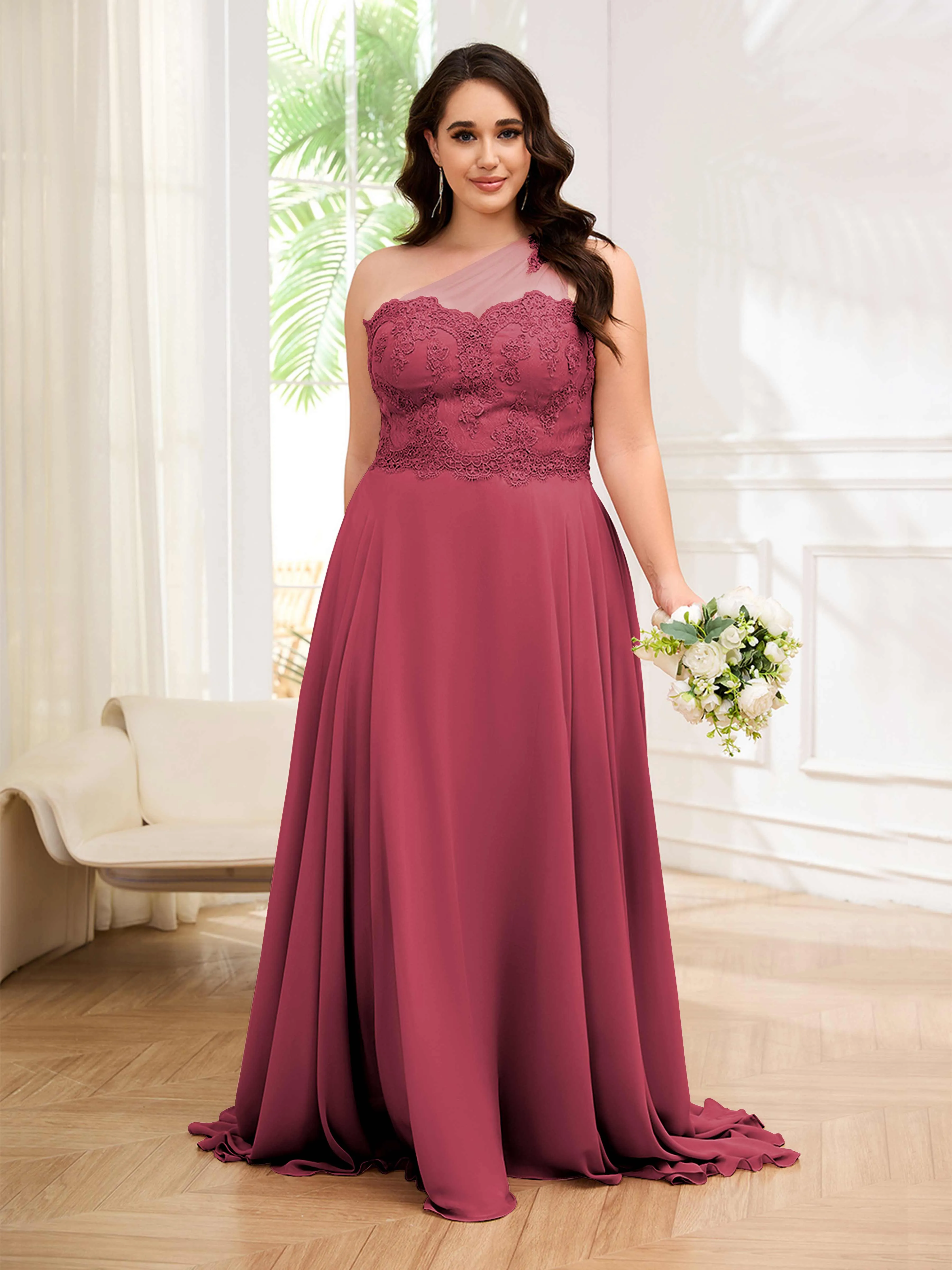 Imani Graceful One Shoulder Slit Long Chiffon Plus Size Bridesmaid Dresses