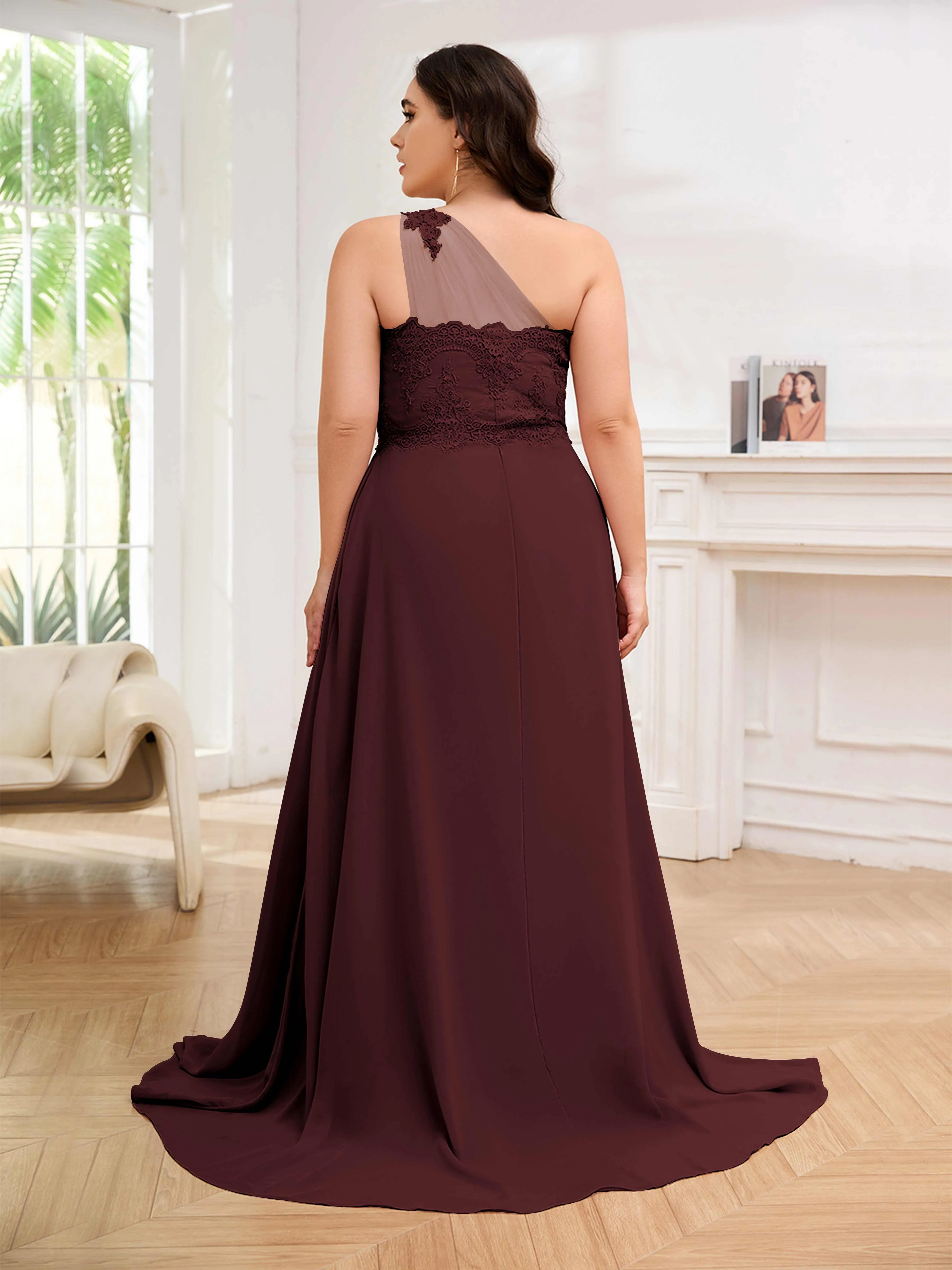 Imani Graceful One Shoulder Slit Long Chiffon Plus Size Bridesmaid Dresses