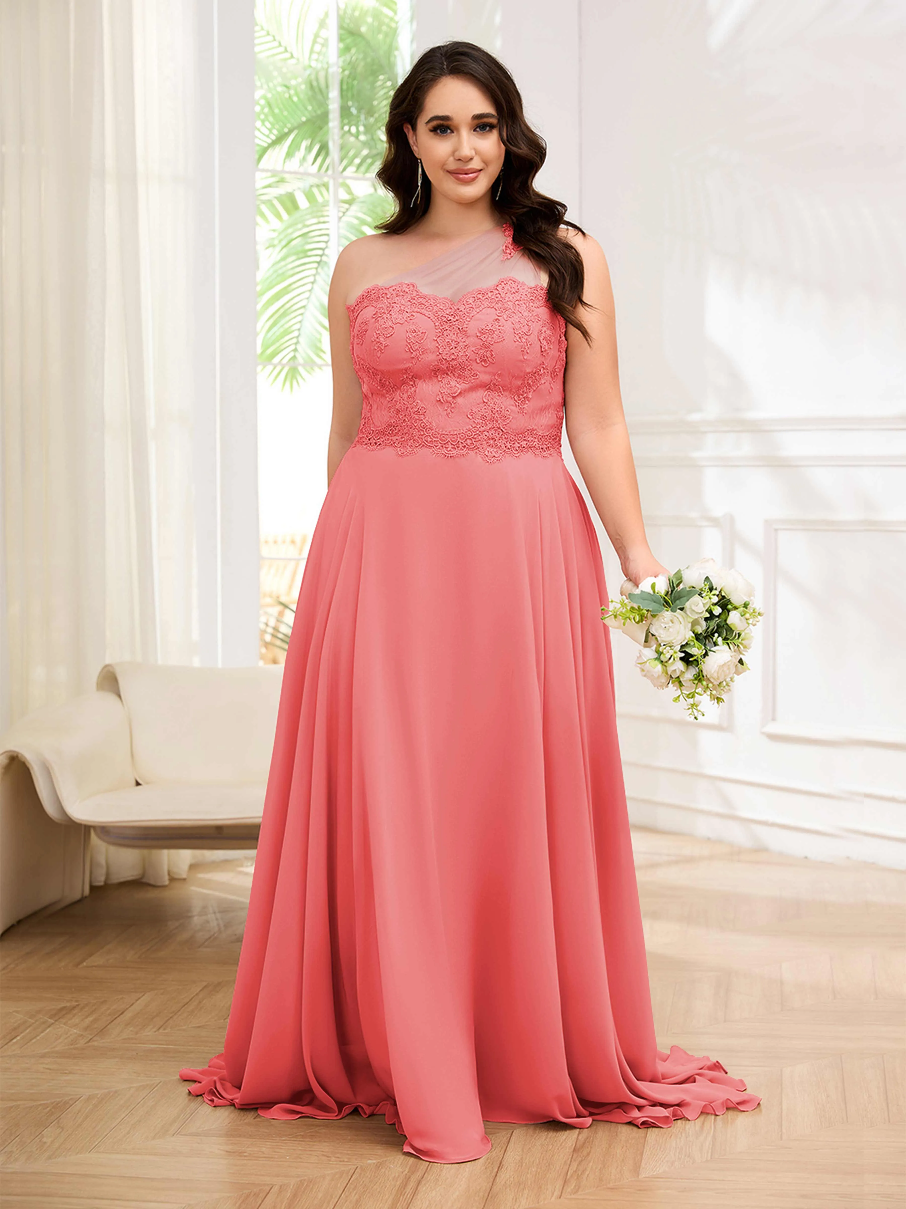 Imani Graceful One Shoulder Slit Long Chiffon Plus Size Bridesmaid Dresses