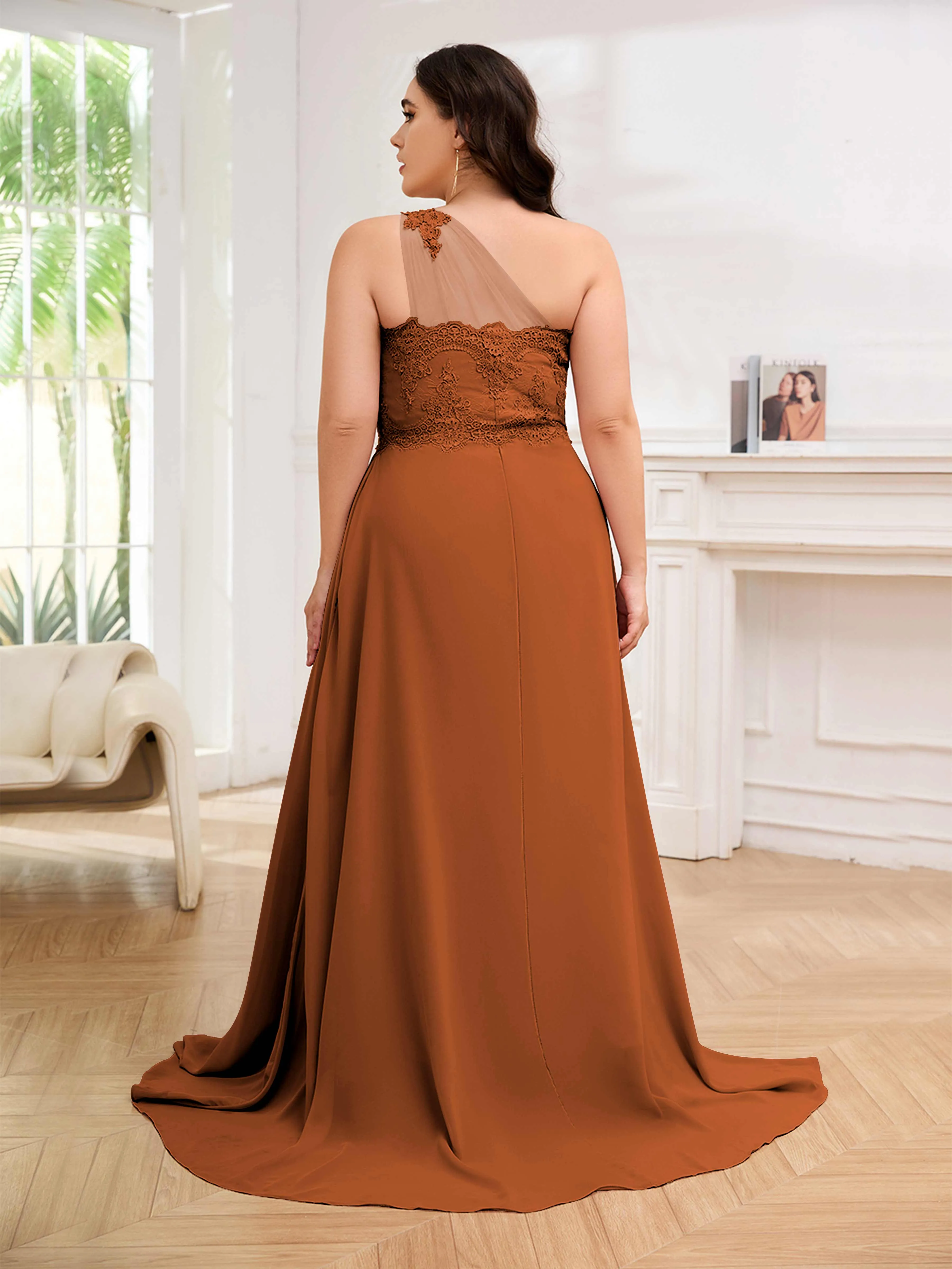 Imani Graceful One Shoulder Slit Long Chiffon Plus Size Bridesmaid Dresses
