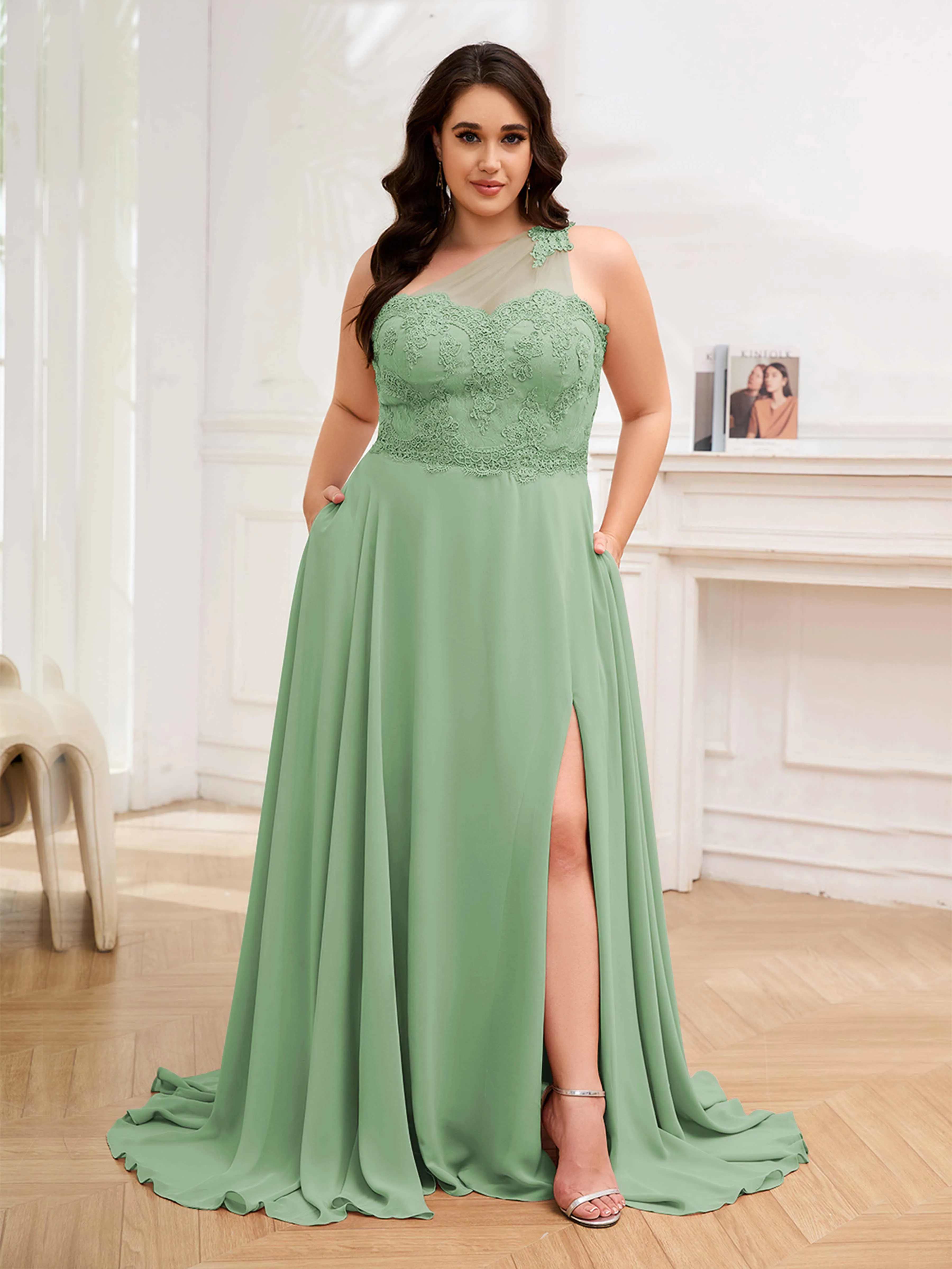 Imani Graceful One Shoulder Slit Long Chiffon Plus Size Bridesmaid Dresses