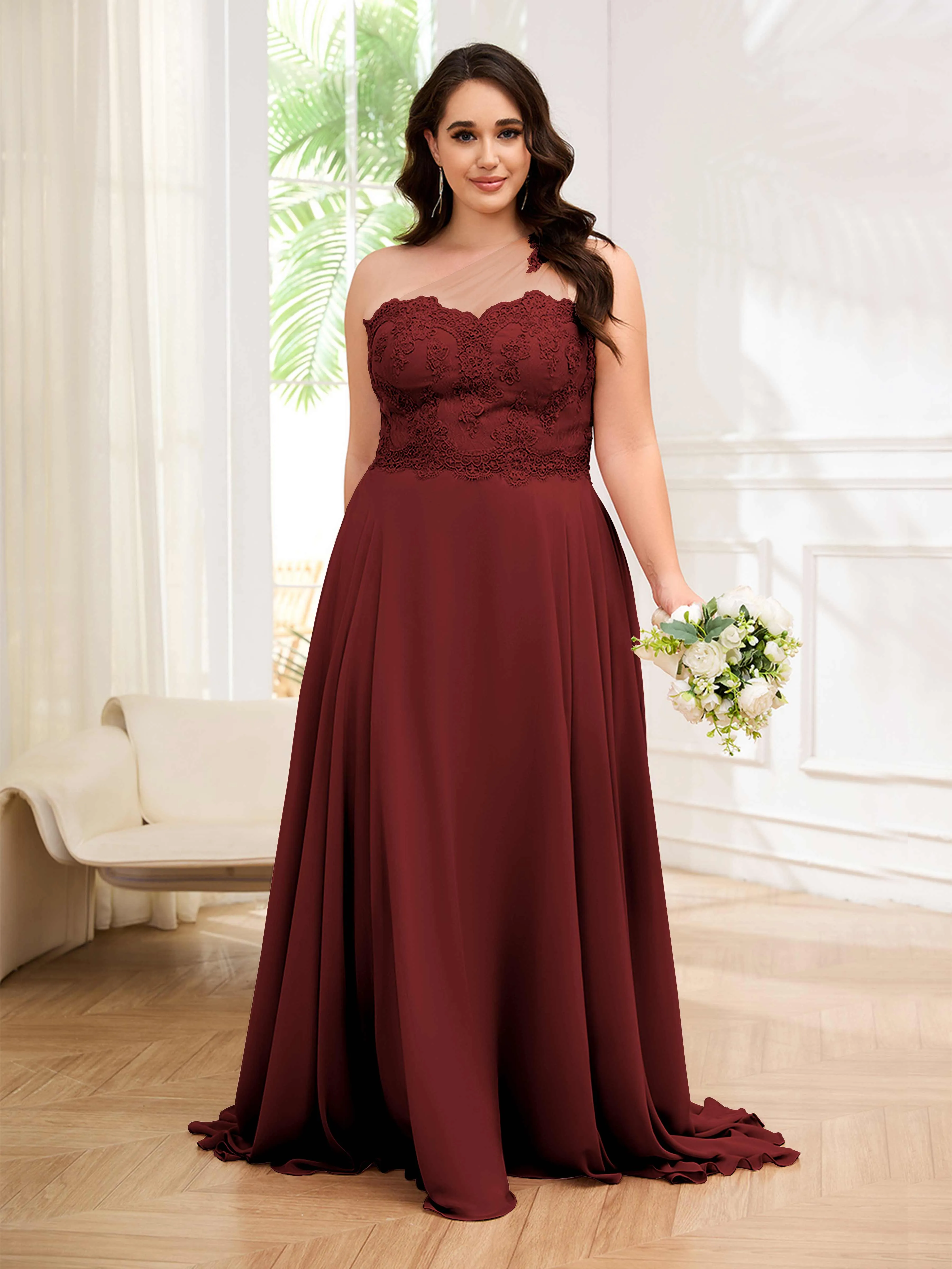 Imani Graceful One Shoulder Slit Long Chiffon Plus Size Bridesmaid Dresses