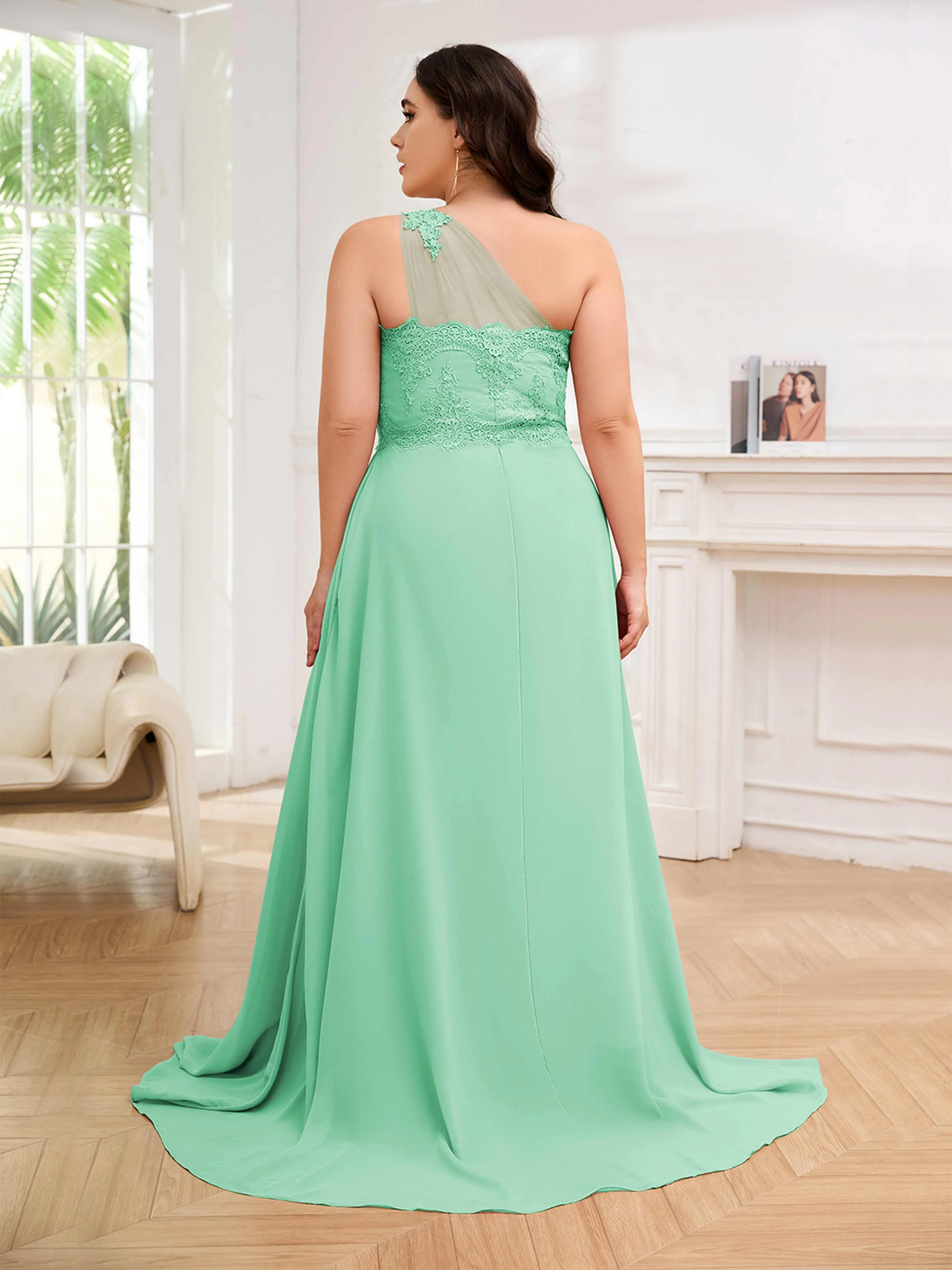 Imani Graceful One Shoulder Slit Long Chiffon Plus Size Bridesmaid Dresses