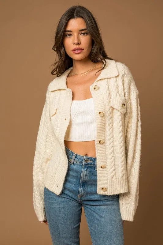 Jen Collared Cable Sweater Cardigan