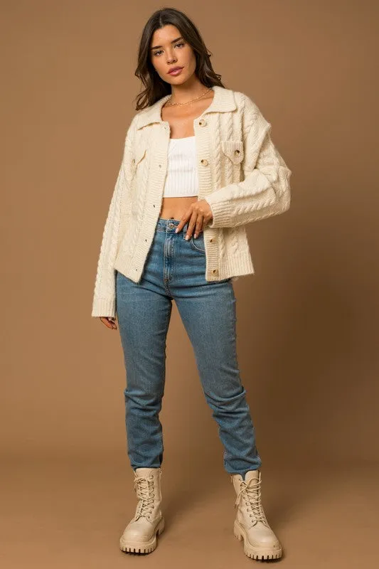 Jen Collared Cable Sweater Cardigan