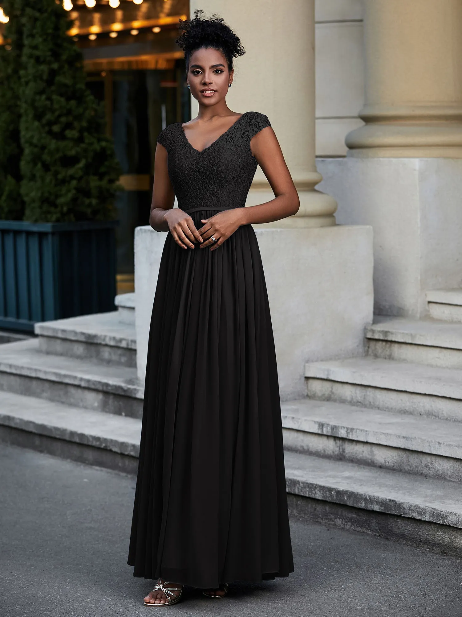 Lace and Chiffon Maxi Dress with Cap Sleeves-Black Plus Size