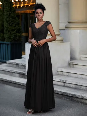 Lace and Chiffon Maxi Dress with Cap Sleeves-Black Plus Size