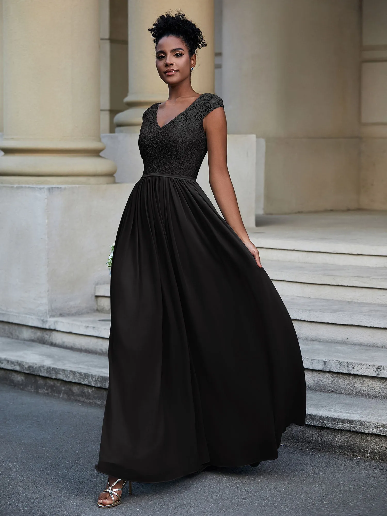 Lace and Chiffon Maxi Dress with Cap Sleeves-Black Plus Size