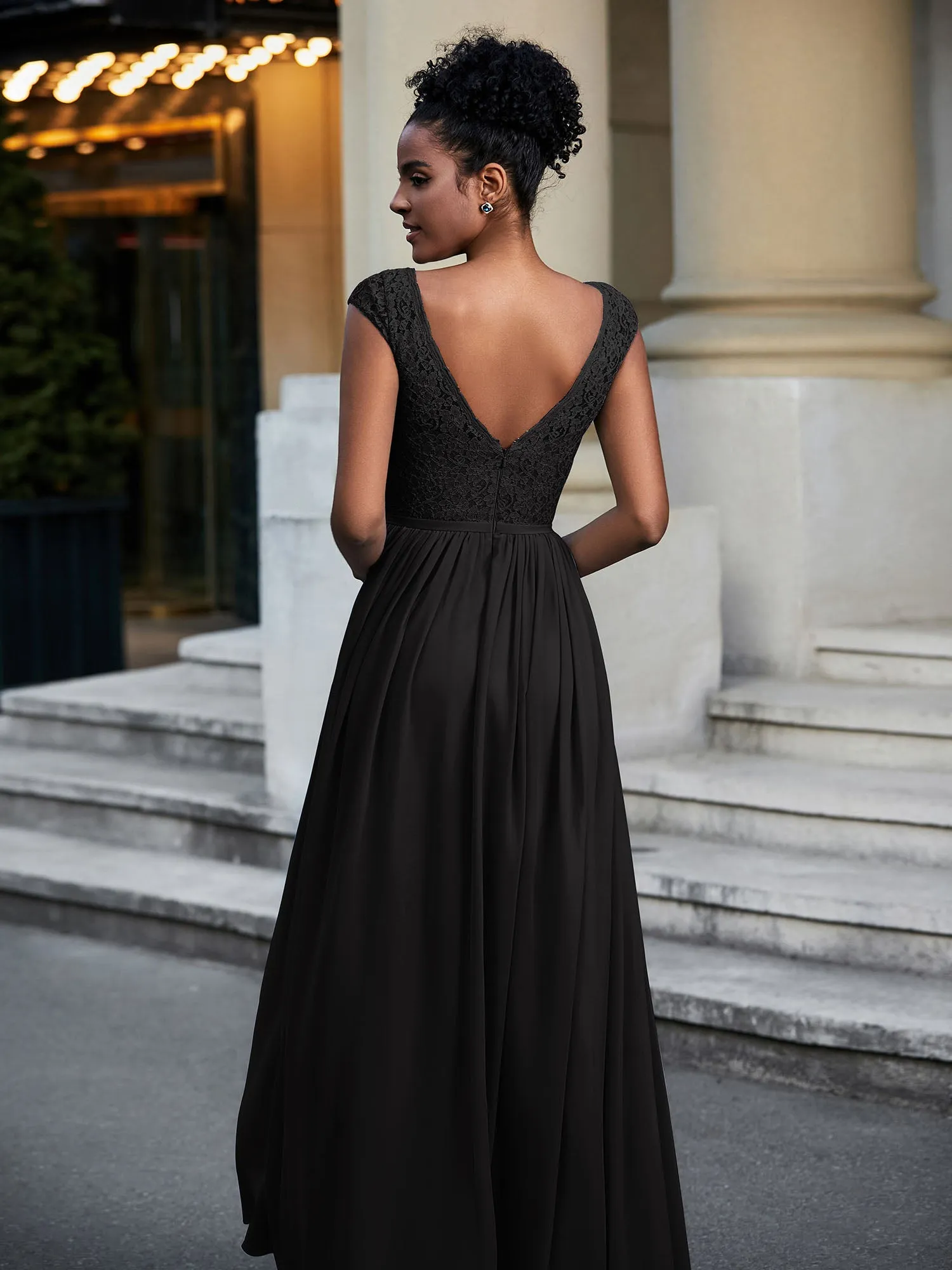Lace and Chiffon Maxi Dress with Cap Sleeves-Black Plus Size