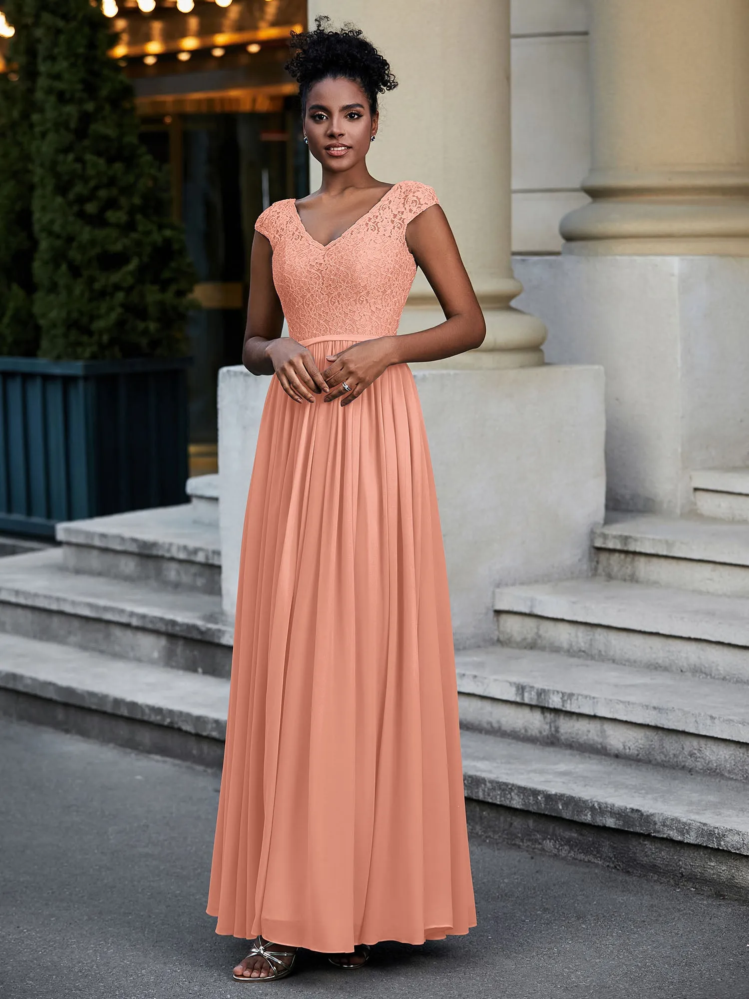 Lace and Chiffon Maxi Dress with Cap Sleeves-Papaya Plus Size