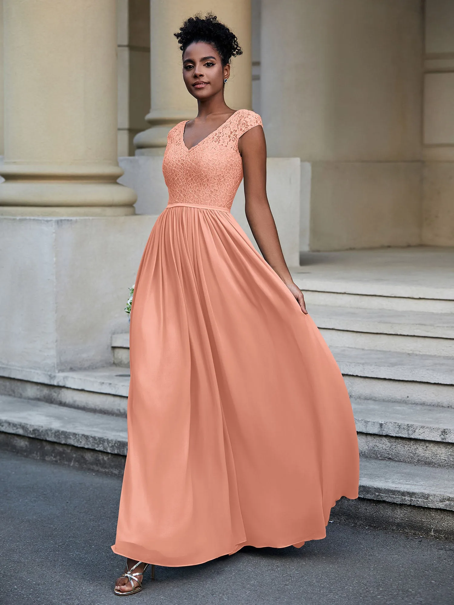 Lace and Chiffon Maxi Dress with Cap Sleeves-Papaya Plus Size
