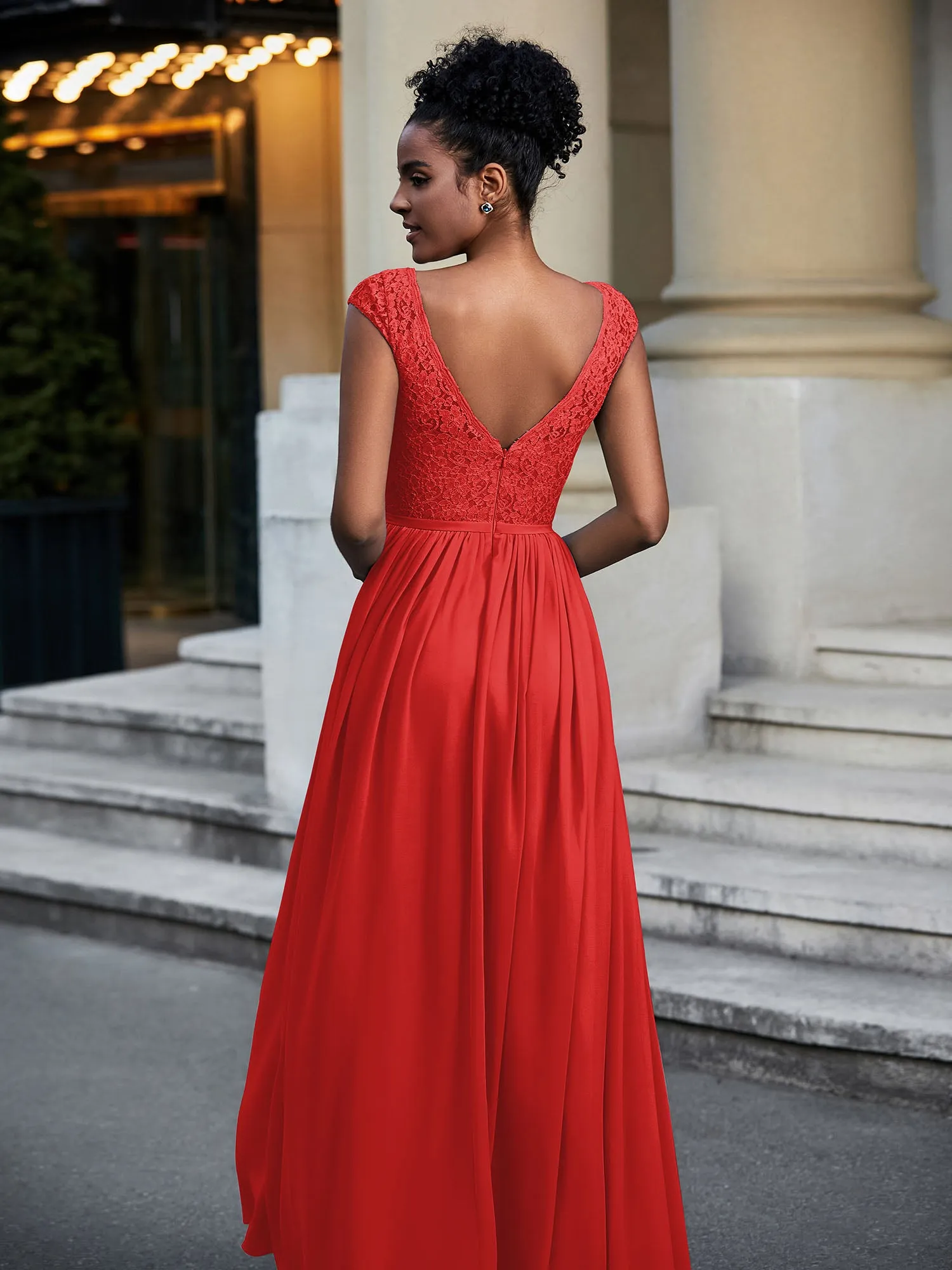 Lace and Chiffon Maxi Dress with Cap Sleeves-Red