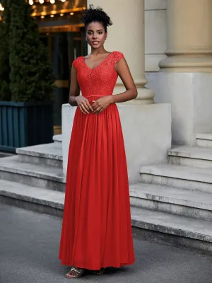 Lace and Chiffon Maxi Dress with Cap Sleeves-Red