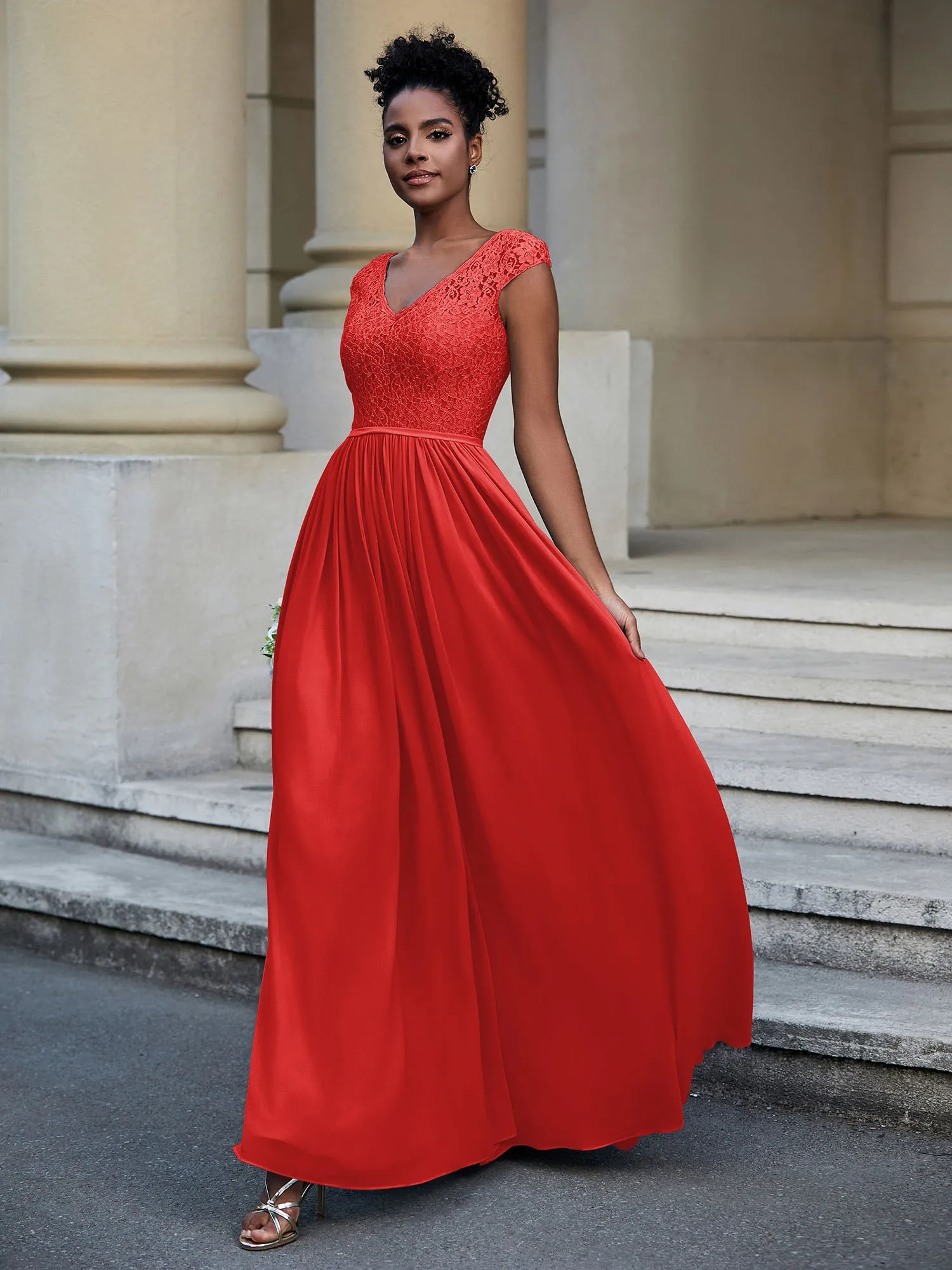 Lace and Chiffon Maxi Dress with Cap Sleeves-Red
