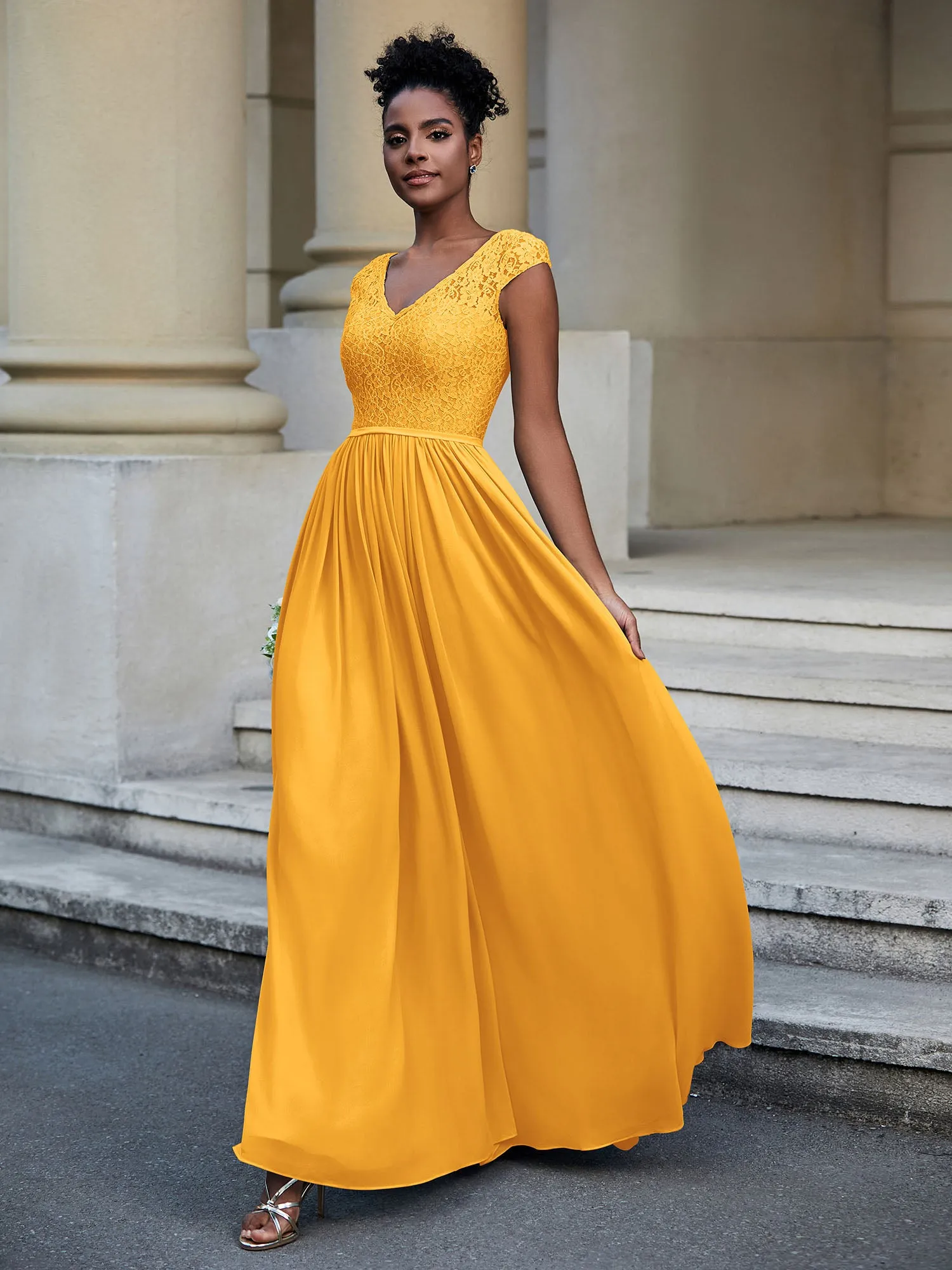 Lace and Chiffon Maxi Dress with Cap Sleeves-Tangerine Plus Size