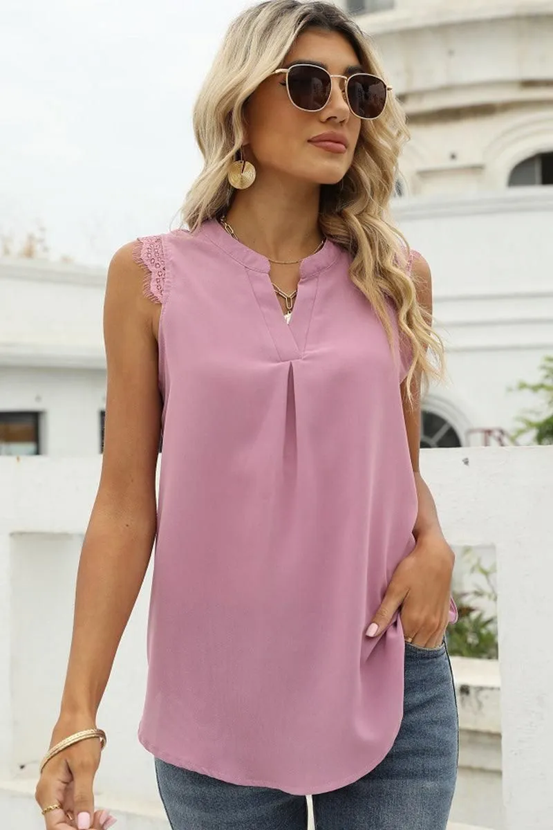 LACE SLEEVELESS FOLDED CHEST V NECK TUNIC TOP