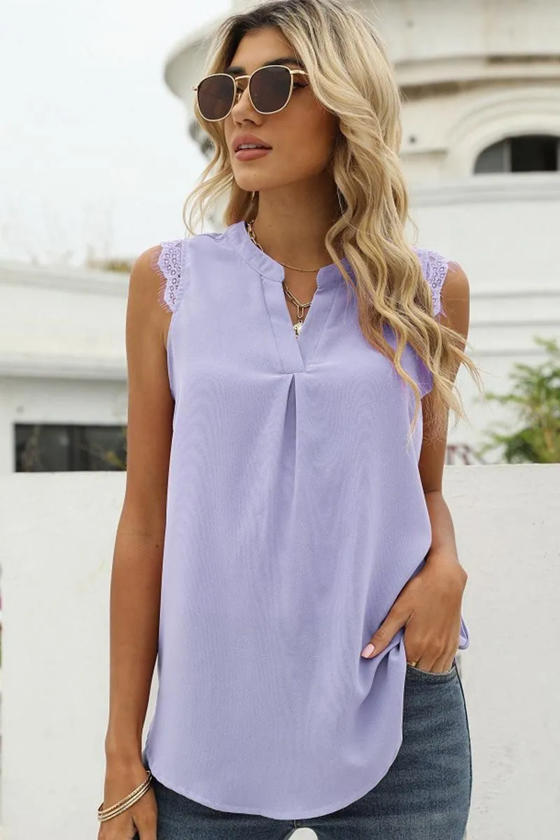 LACE SLEEVELESS FOLDED CHEST V NECK TUNIC TOP