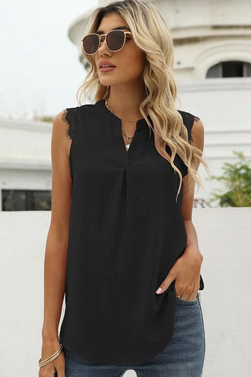 LACE SLEEVELESS FOLDED CHEST V NECK TUNIC TOP