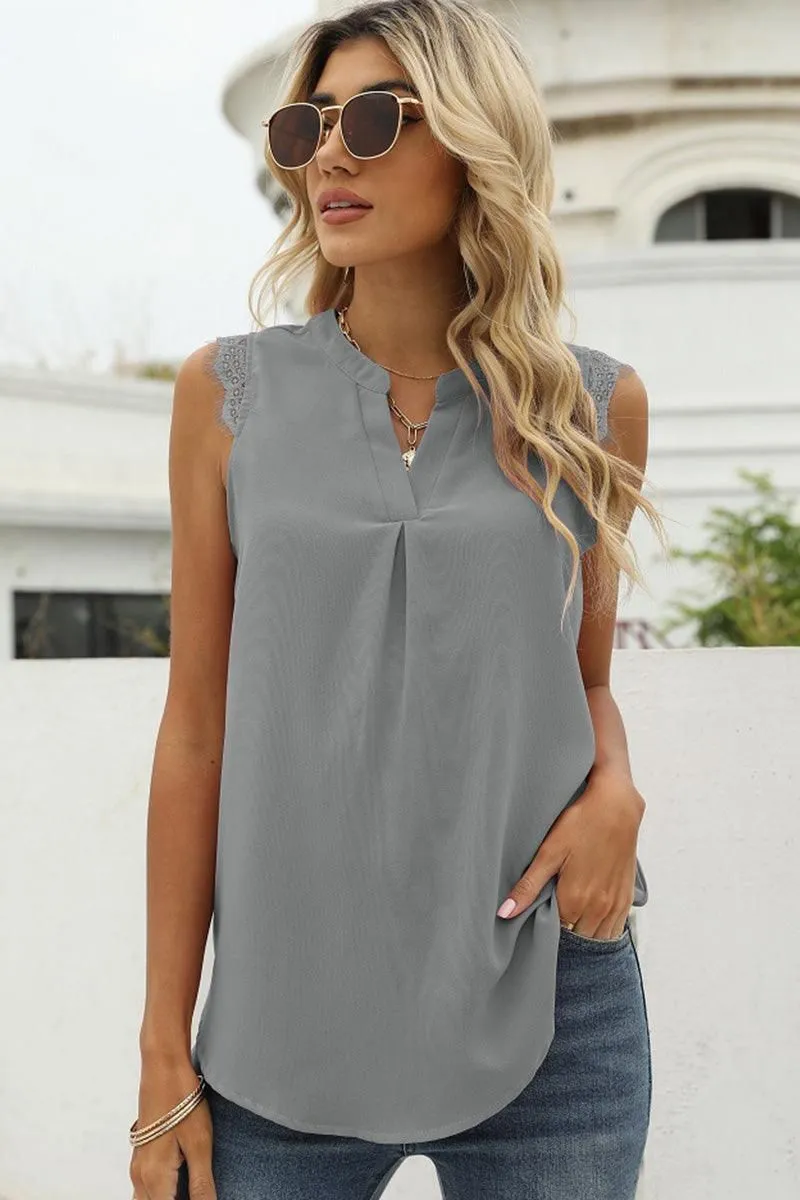 LACE SLEEVELESS FOLDED CHEST V NECK TUNIC TOP