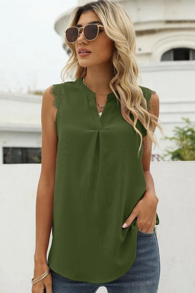LACE SLEEVELESS FOLDED CHEST V NECK TUNIC TOP