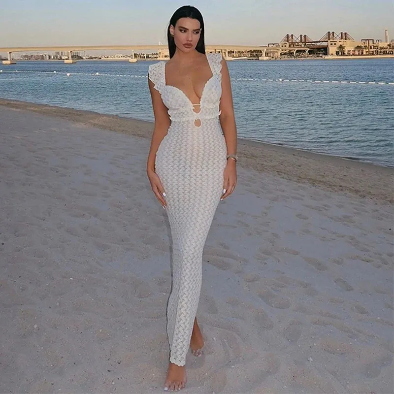 Lady Glams Sexy V-Neck Knitted Dress - Summer White Hollow Buttocks Wrapped Slim Fit Suspender Dress for Women