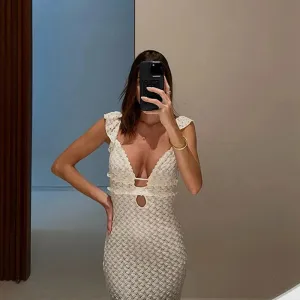 Lady Glams Sexy V-Neck Knitted Dress - Summer White Hollow Buttocks Wrapped Slim Fit Suspender Dress for Women