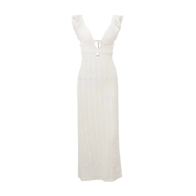 Lady Glams Sexy V-Neck Knitted Dress - Summer White Hollow Buttocks Wrapped Slim Fit Suspender Dress for Women