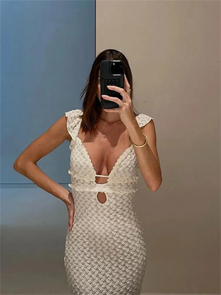 Lady Glams Sexy V-Neck Knitted Dress - Summer White Hollow Buttocks Wrapped Slim Fit Suspender Dress for Women