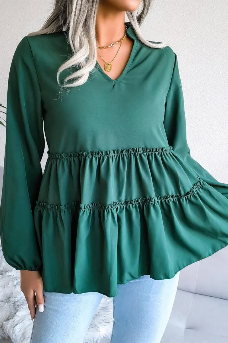 LANTERN LONG SLEEVE RUFFLED CHIFFON TUNIC TOP
