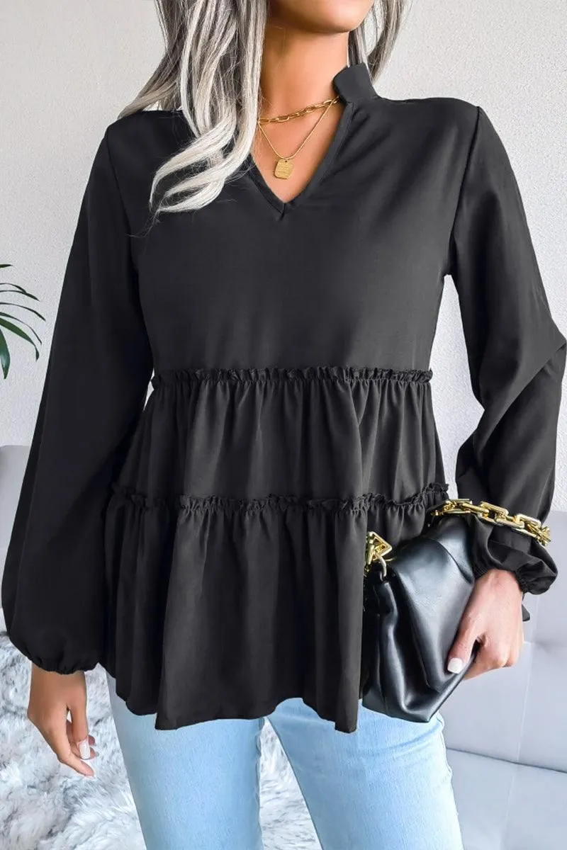 LANTERN LONG SLEEVE RUFFLED CHIFFON TUNIC TOP