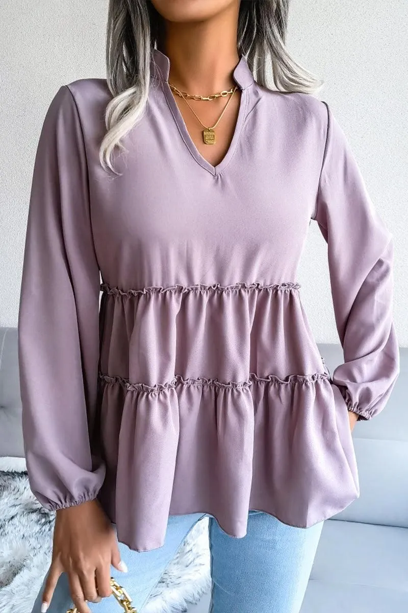 LANTERN LONG SLEEVE RUFFLED CHIFFON TUNIC TOP