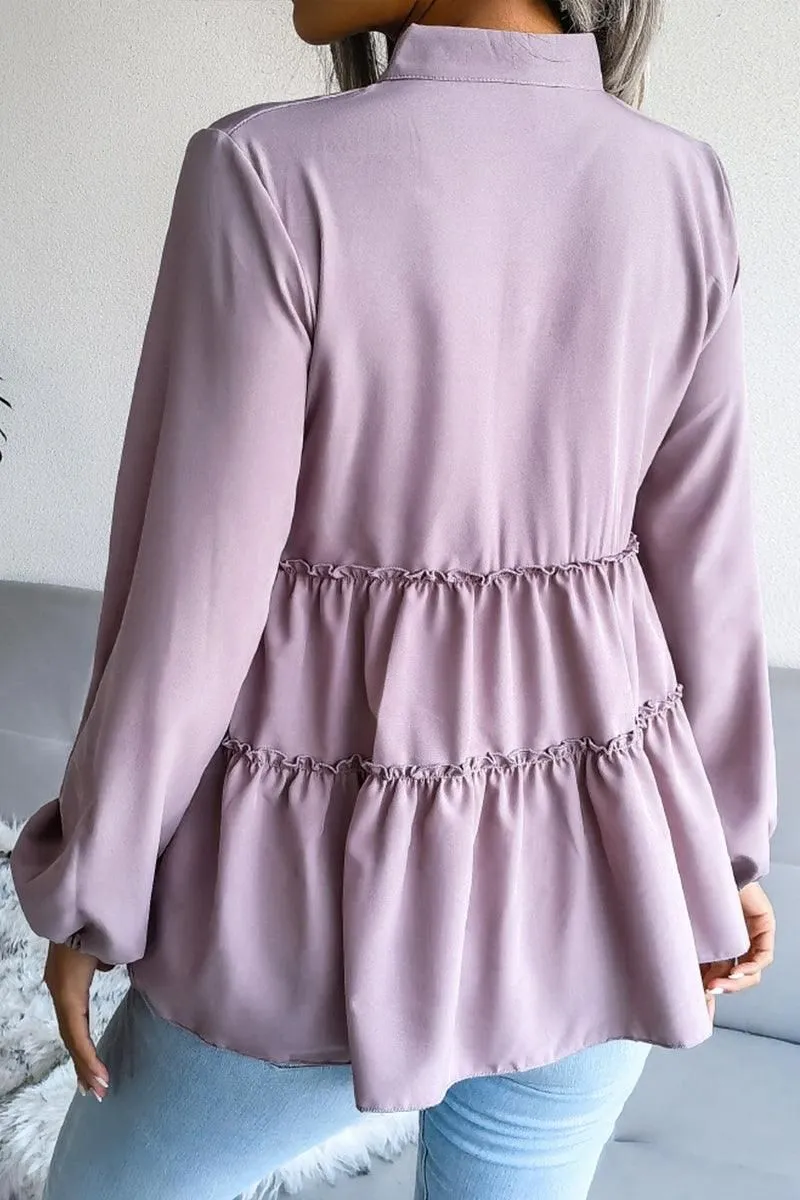LANTERN LONG SLEEVE RUFFLED CHIFFON TUNIC TOP